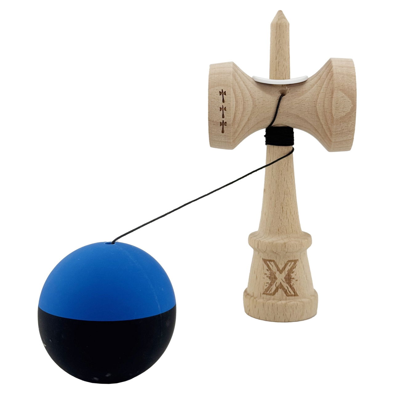 Kendama X Originala, Profesionala, Flippy, Rubber Grip, Cupe Mari KING SIZE V3, Gaura in Baza, Rulment Metalic, din lemn 18 cm, Ata 62/65 cm, Bicolor Albastru/Negru [4]