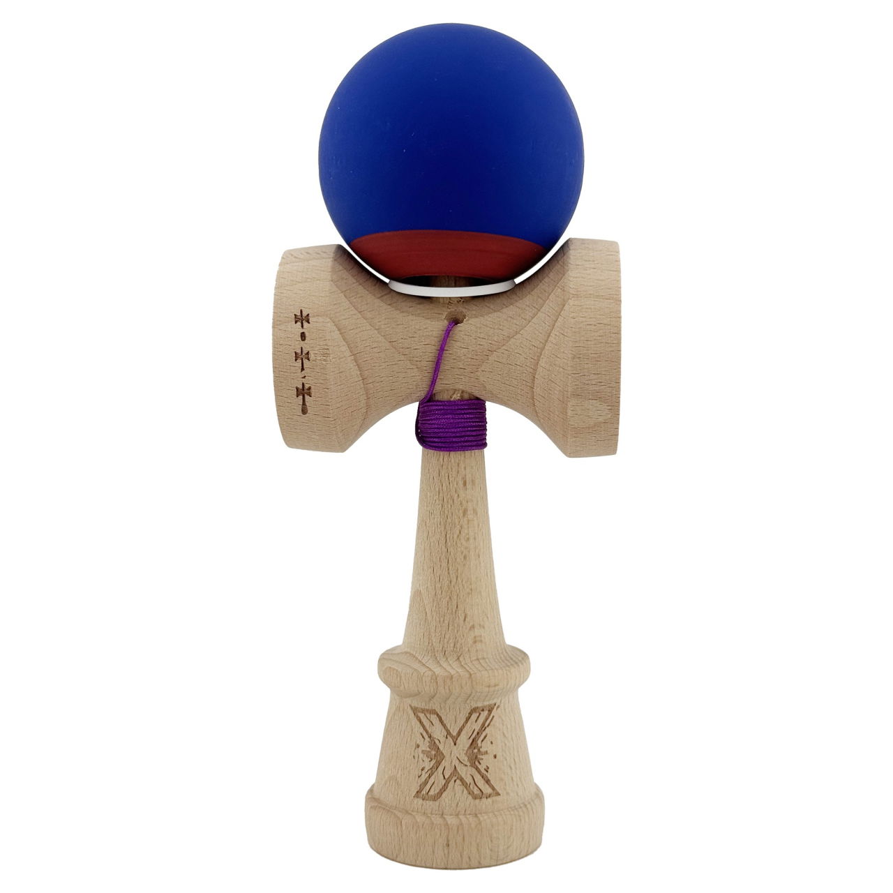 Kendama X Originala, Profesionala, Flippy, Rubber Grip, Cupe Mari KING SIZE V3, Gaura in Baza, Rulment Metalic, din lemn 18 cm, Ata 62/65 cm, Bicolor Albastru inchis/Rosu [2]