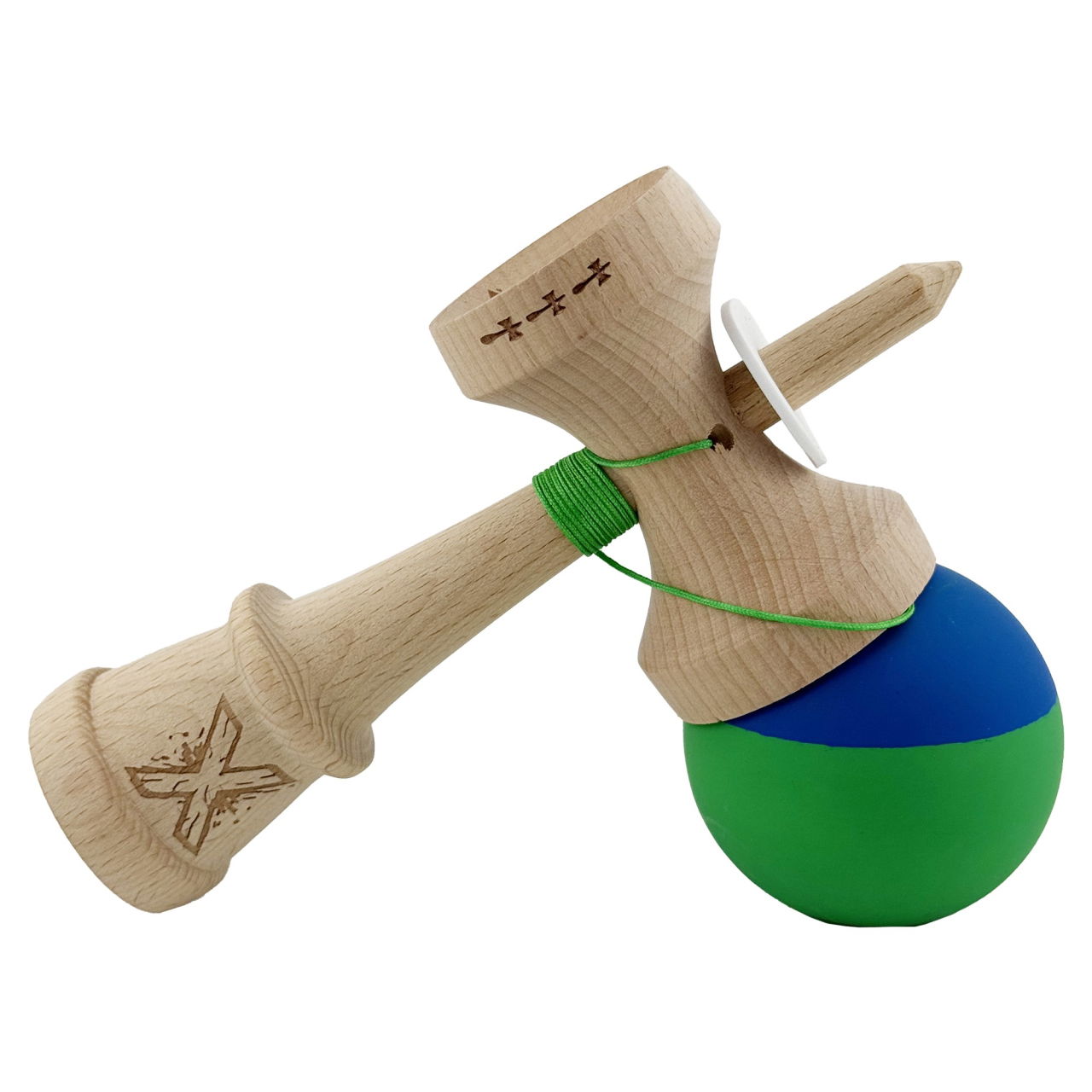 Kendama X Originala, Profesionala, Flippy, Rubber Grip, Cupe Mari KING SIZE V3, Gaura in Baza, Rulment Metalic, din lemn 18 cm, Ata 62/65 cm, Bicolor Albastru/Verde [5]