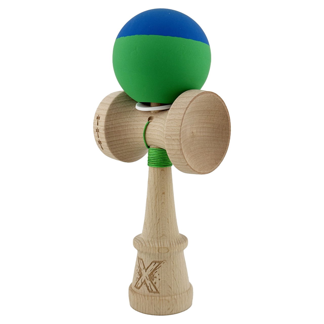 Kendama X Originala, Profesionala, Flippy, Rubber Grip, Cupe Mari KING SIZE V3, Gaura in Baza, Rulment Metalic, din lemn 18 cm, Ata 62/65 cm, Bicolor Albastru/Verde [3]