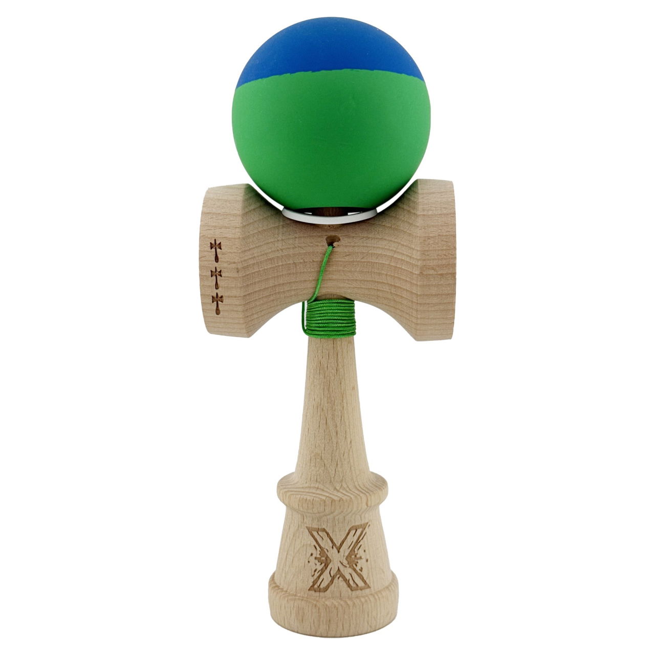 Kendama X Originala, Profesionala, Flippy, Rubber Grip, Cupe Mari KING SIZE V3, Gaura in Baza, Rulment Metalic, din lemn 18 cm, Ata 62/65 cm, Bicolor Albastru/Verde [2]