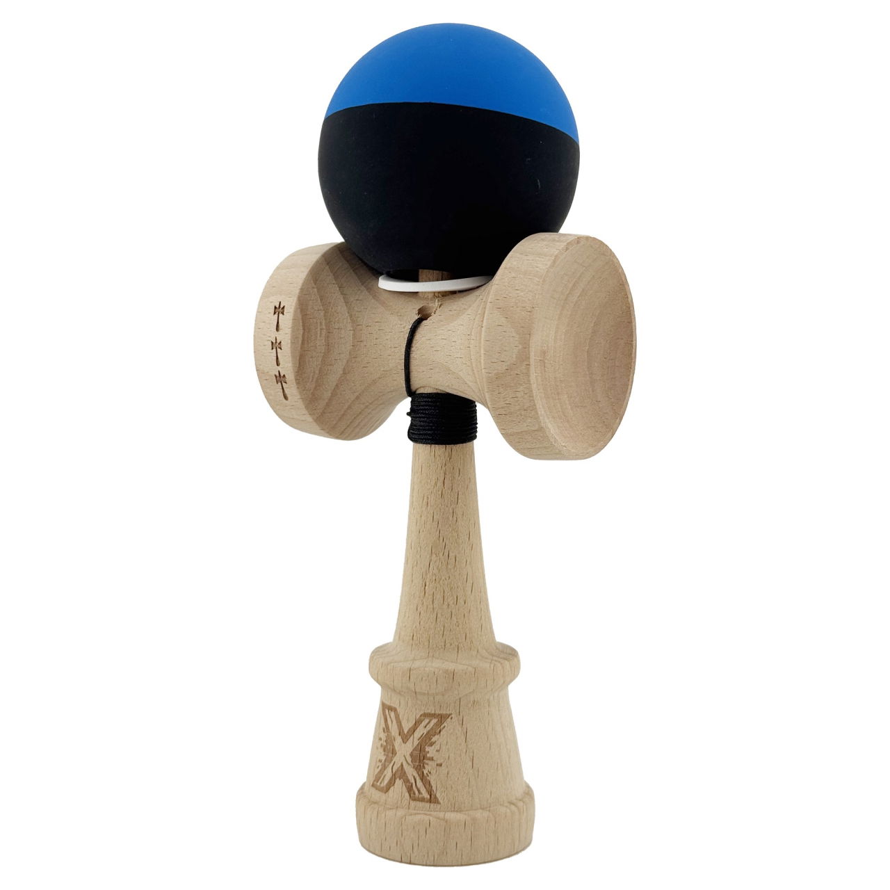 Kendama X Originala, Profesionala, Flippy, Rubber Grip, Cupe Mari KING SIZE V3, Gaura in Baza, Rulment Metalic, din lemn 18 cm, Ata 62/65 cm, Bicolor Albastru/Negru [3]