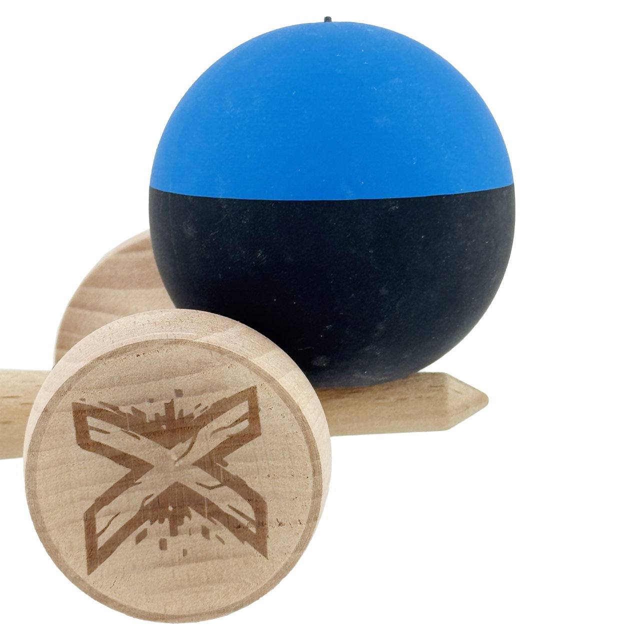 Kendama X Originala, Profesionala, Flippy, Rubber Grip, Cupe Mari KING SIZE V3, Gaura in Baza, Rulment Metalic, din lemn 18 cm, Ata 62/65 cm, Bicolor Albastru/Negru [9]