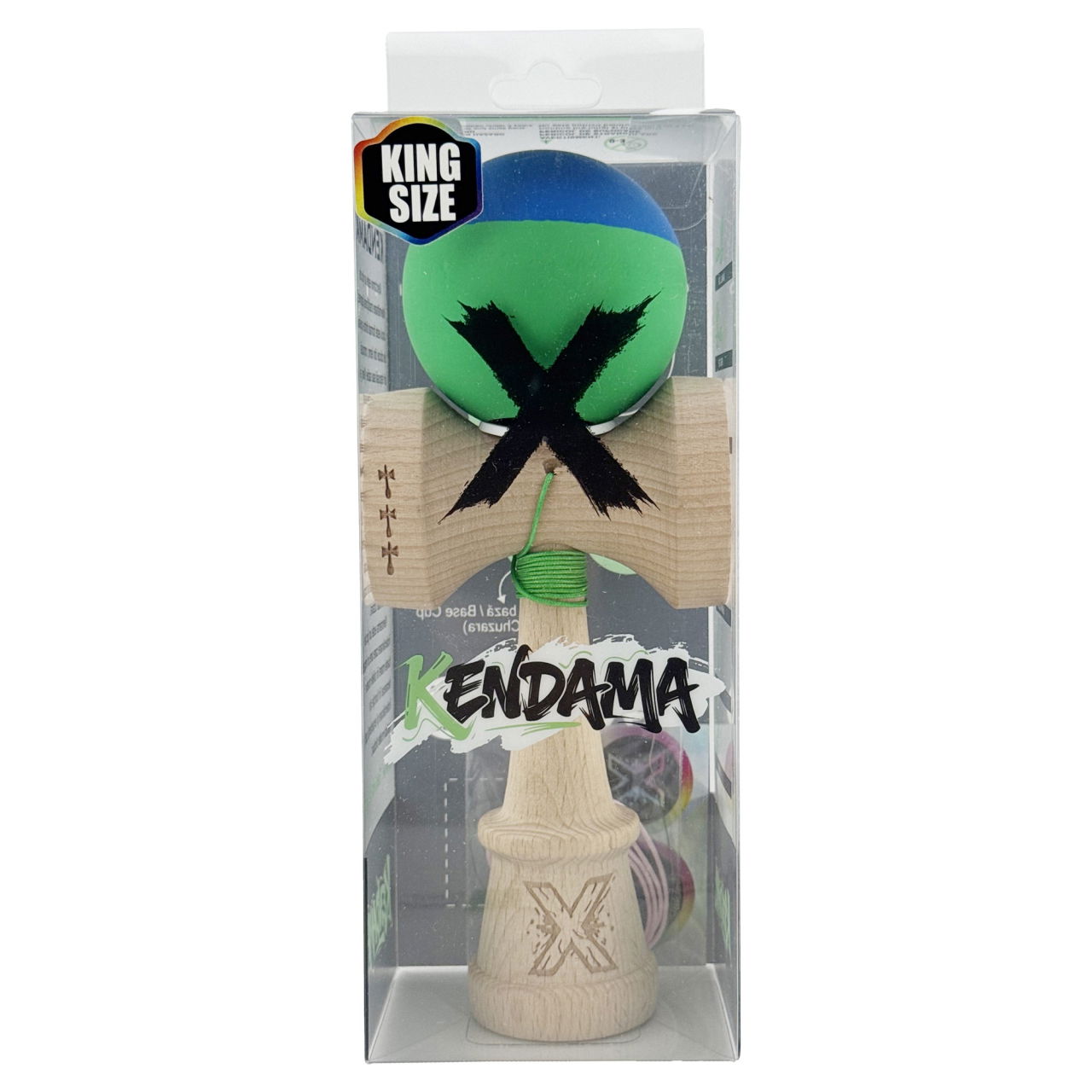 Kendama X Originala, Profesionala, Flippy, Rubber Grip, Cupe Mari KING SIZE V3, Gaura in Baza, Rulment Metalic, din lemn 18 cm, Ata 62/65 cm, Bicolor Albastru/Verde [6]