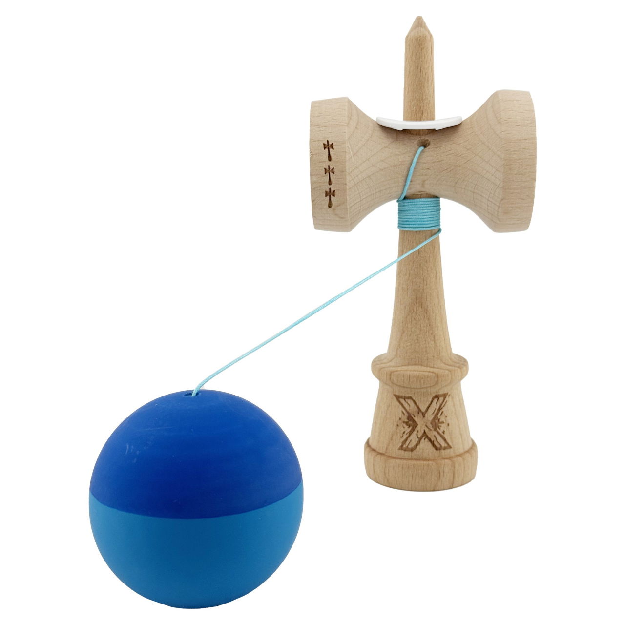 Kendama X Originala, Profesionala, Flippy, Rubber Grip, Cupe Mari KING SIZE V3, Gaura in Baza, Rulment Metalic, din lemn 18 cm, Ata 62/65 cm, Bicolor Albastru/Albastru deschis [4]