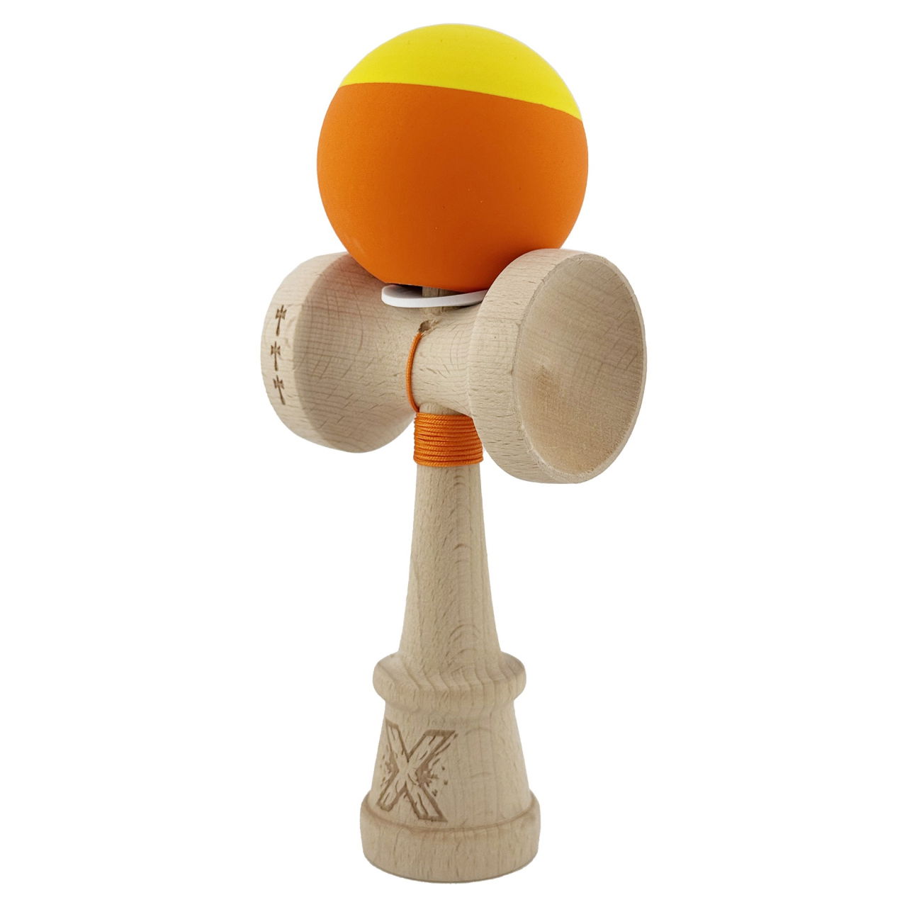 Kendama X Originala, Profesionala, Flippy, Rubber Grip, Cupe Mari KING SIZE V3, Gaura in Baza, Rulment Metalic, din lemn 18 cm, Ata 62/65 cm, Bicolor Galben/Portocaliu [3]