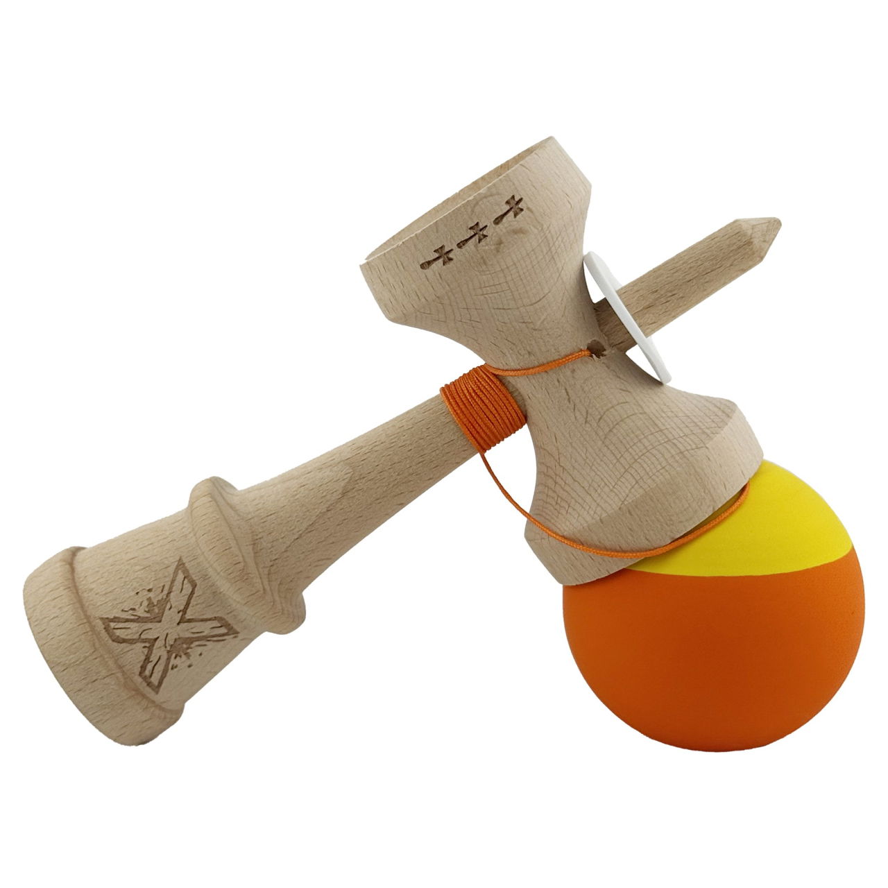 Kendama X Originala, Profesionala, Flippy, Rubber Grip, Cupe Mari KING SIZE V3, Gaura in Baza, Rulment Metalic, din lemn 18 cm, Ata 62/65 cm, Bicolor Galben/Portocaliu [5]
