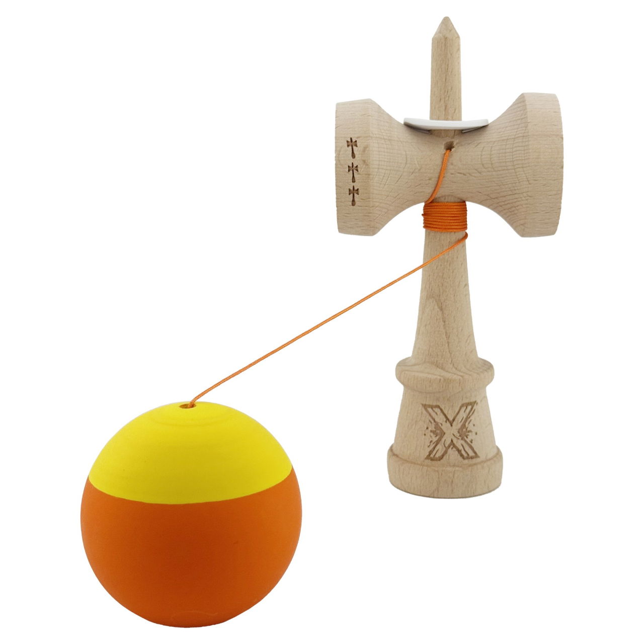 Kendama X Originala, Profesionala, Flippy, Rubber Grip, Cupe Mari KING SIZE V3, Gaura in Baza, Rulment Metalic, din lemn 18 cm, Ata 62/65 cm, Bicolor Galben/Portocaliu [4]