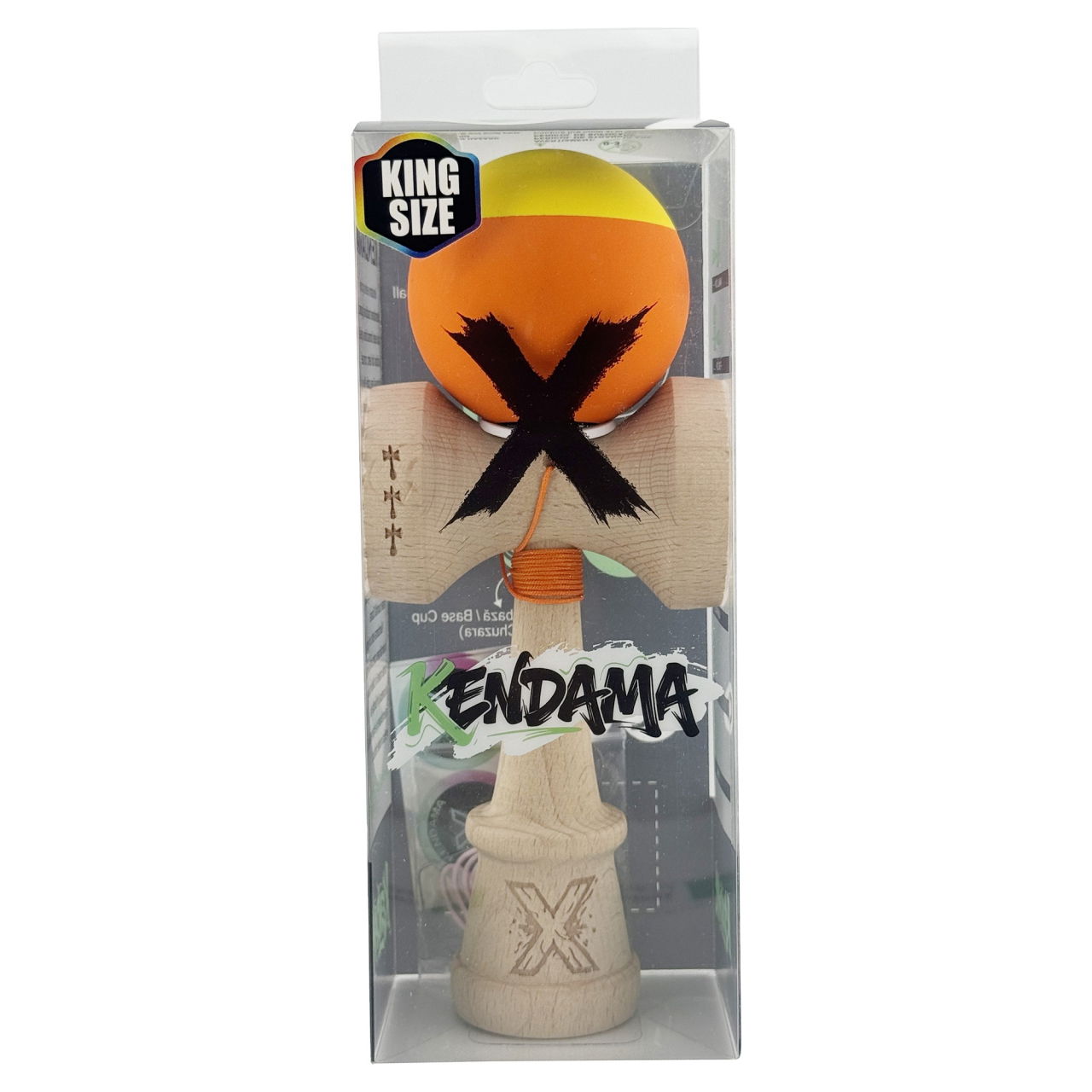 Kendama X Originala, Profesionala, Flippy, Rubber Grip, Cupe Mari KING SIZE V3, Gaura in Baza, Rulment Metalic, din lemn 18 cm, Ata 62/65 cm, Bicolor Galben/Portocaliu [6]