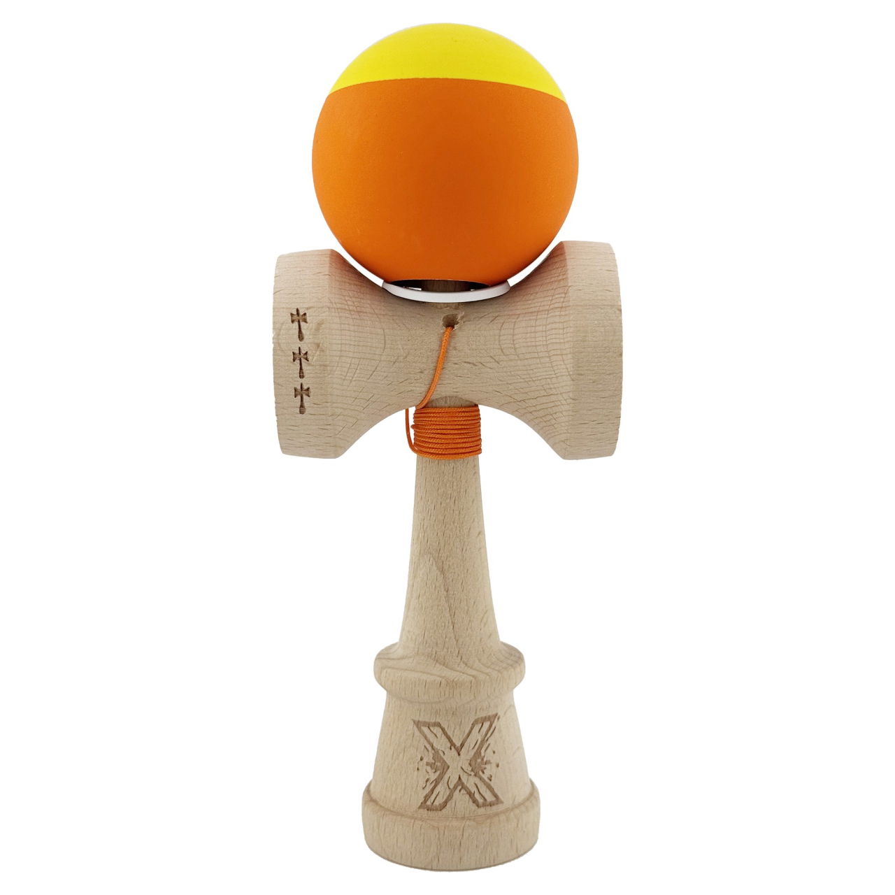 Kendama X Originala, Profesionala, Flippy, Rubber Grip, Cupe Mari KING SIZE V3, Gaura in Baza, Rulment Metalic, din lemn 18 cm, Ata 62/65 cm, Bicolor Galben/Portocaliu [2]