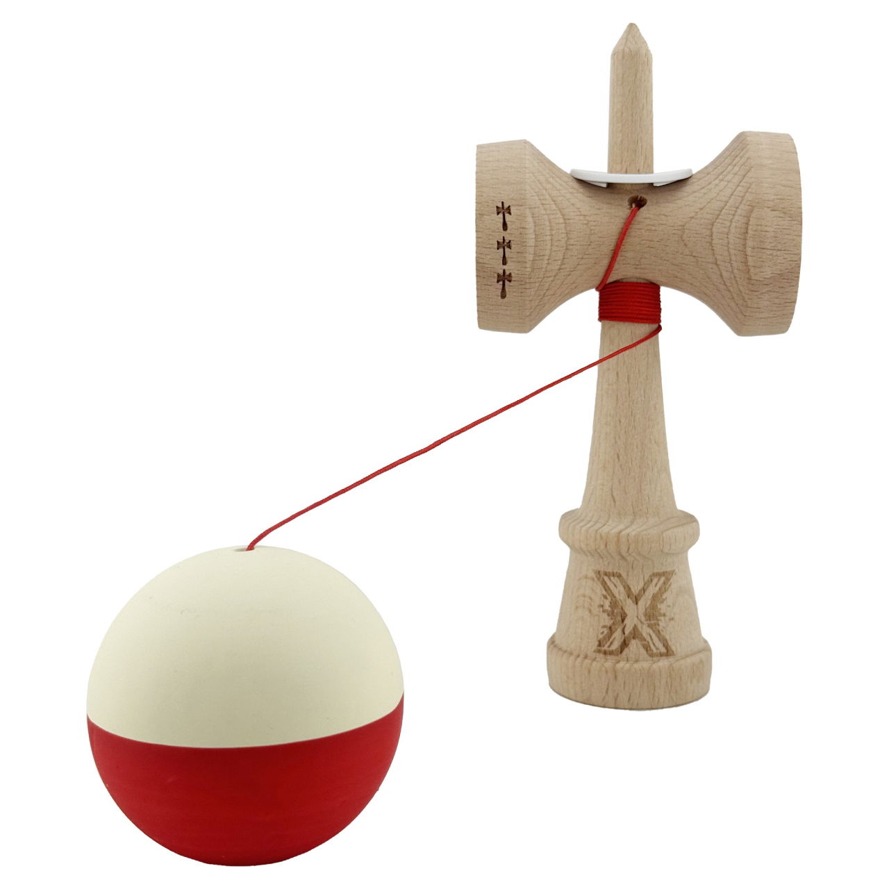 Kendama X Originala, Profesionala, Flippy, Rubber Grip, Cupe Mari KING SIZE V3, Gaura in Baza, Rulment Metalic, din lemn 18 cm, Ata 62/65 cm, Bicolor Galben/Rosu [4]
