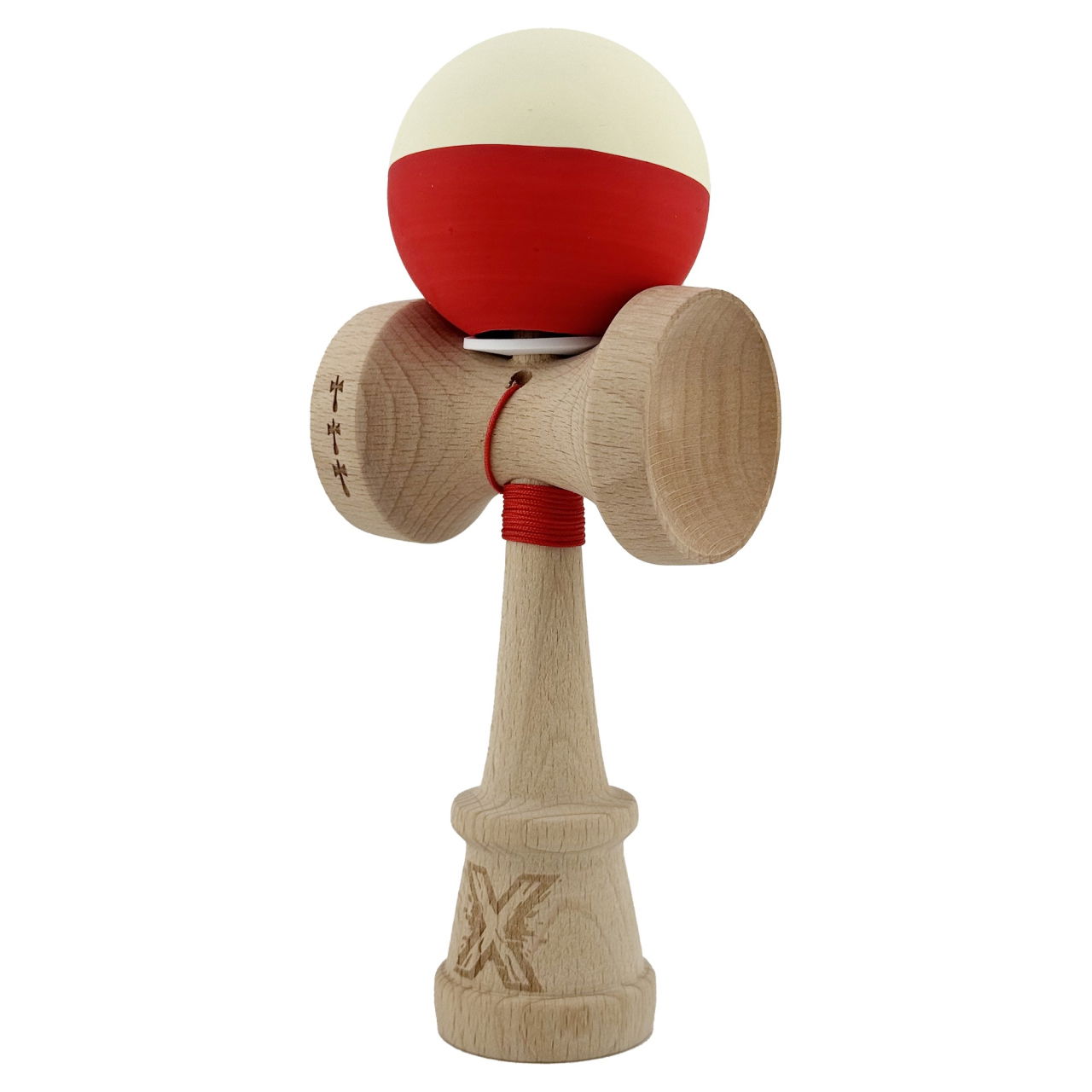 Kendama X Originala, Profesionala, Flippy, Rubber Grip, Cupe Mari KING SIZE V3, Gaura in Baza, Rulment Metalic, din lemn 18 cm, Ata 62/65 cm, Bicolor Galben/Rosu [3]