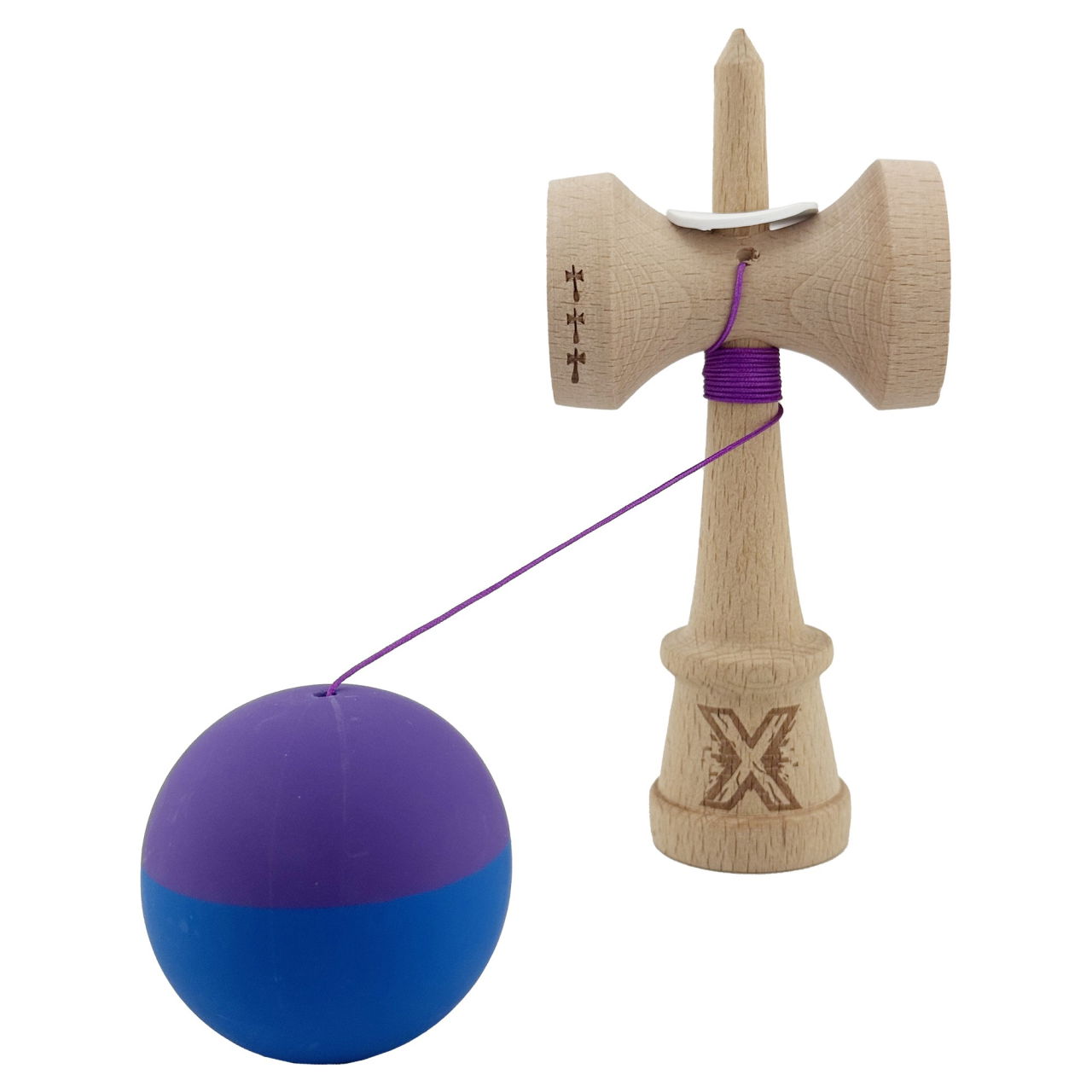 Kendama X Originala, Profesionala, Flippy, Rubber Grip, Cupe Mari KING SIZE V3, Gaura in Baza, Rulment Metalic, din lemn 18 cm, Ata 62/65 cm, Bicolor Mov/Albastru [4]