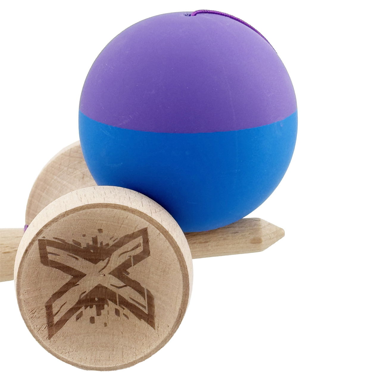 Kendama X Originala, Profesionala, Flippy, Rubber Grip, Cupe Mari KING SIZE V3, Gaura in Baza, Rulment Metalic, din lemn 18 cm, Ata 62/65 cm, Bicolor Mov/Albastru [9]