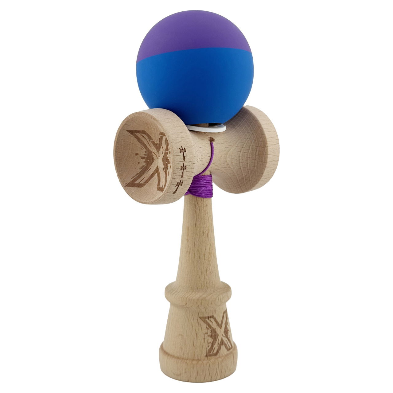 Kendama X Originala, Profesionala, Flippy, Rubber Grip, Cupe Mari KING SIZE V3, Gaura in Baza, Rulment Metalic, din lemn 18 cm, Ata 62/65 cm, Bicolor Mov/Albastru [1]