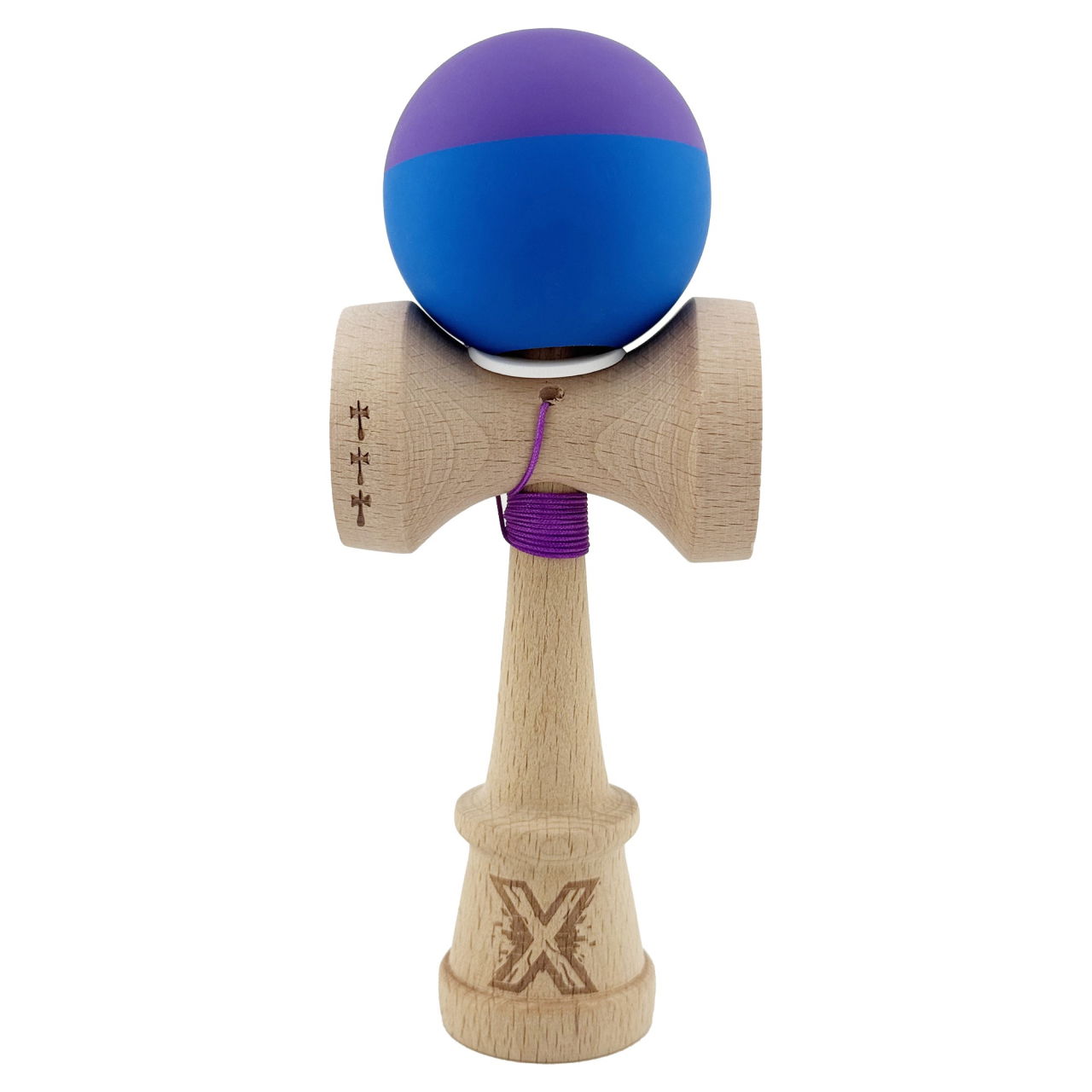 Kendama X Originala, Profesionala, Flippy, Rubber Grip, Cupe Mari KING SIZE V3, Gaura in Baza, Rulment Metalic, din lemn 18 cm, Ata 62/65 cm, Bicolor Mov/Albastru [2]