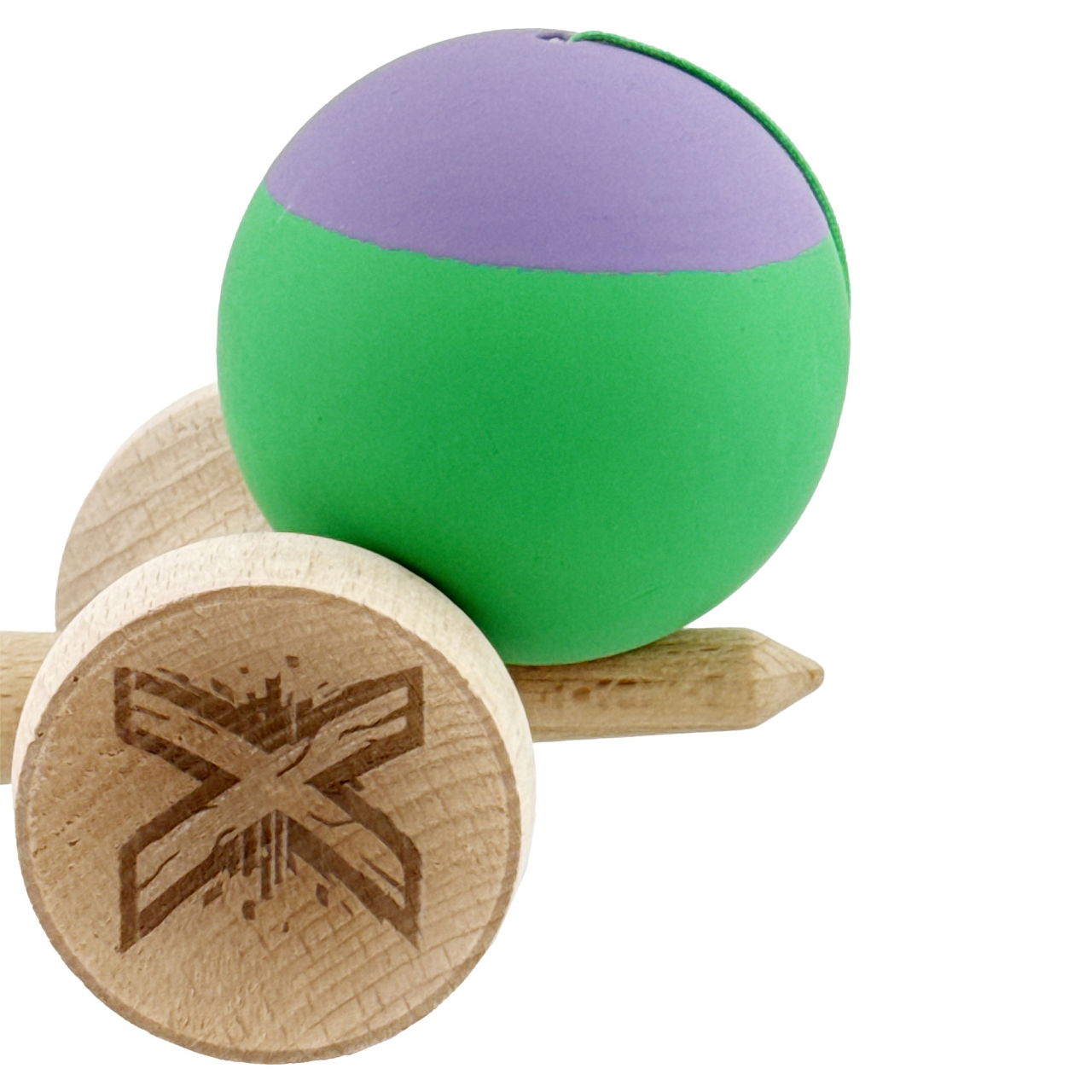 Kendama X Originala, Profesionala, Flippy, Rubber Grip, Cupe Mari KING SIZE V3, Gaura in Baza, Rulment Metalic, din lemn 18 cm, Ata 62/65 cm, Bicolor Mov/Verde [9]