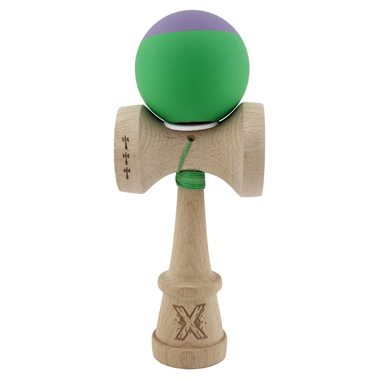 Kendama X Originala, Profesionala, Flippy, Rubber Grip, Cupe Mari KING SIZE V3, Gaura in Baza, Rulment Metalic, din lemn 18 cm, Ata 62/65 cm, Bicolor Mov/Verde [2]