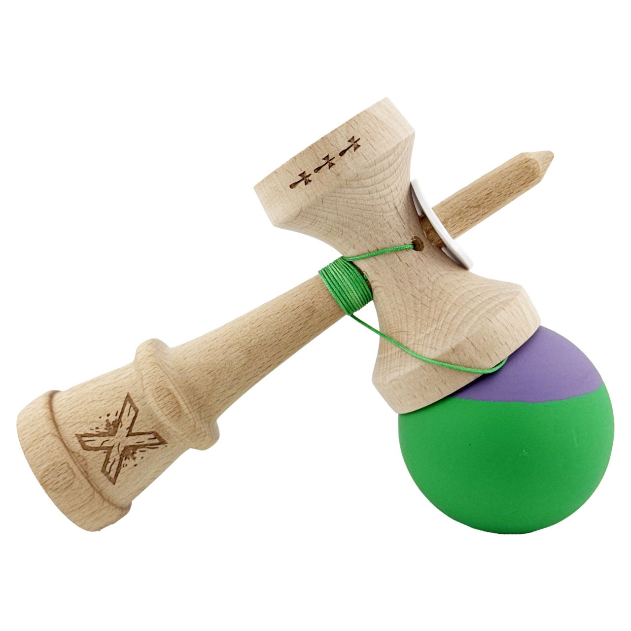 Kendama X Originala, Profesionala, Flippy, Rubber Grip, Cupe Mari KING SIZE V3, Gaura in Baza, Rulment Metalic, din lemn 18 cm, Ata 62/65 cm, Bicolor Mov/Verde [5]