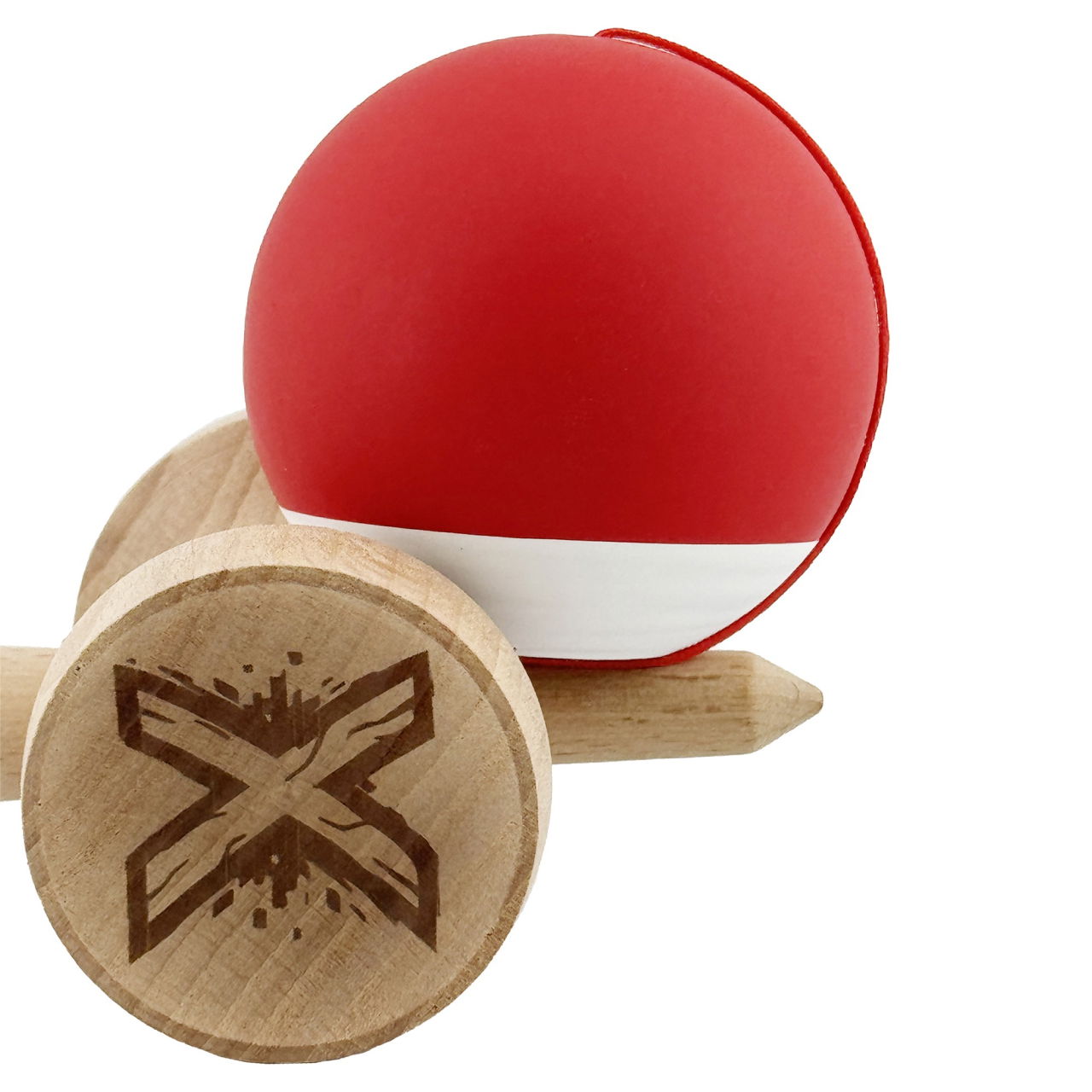 Kendama X Originala, Profesionala, Flippy, Rubber Grip, Cupe Mari KING SIZE V3, Gaura in Baza, Rulment Metalic, din lemn 18 cm, Ata 62/65 cm, Bicolor Rosu/Alb [9]