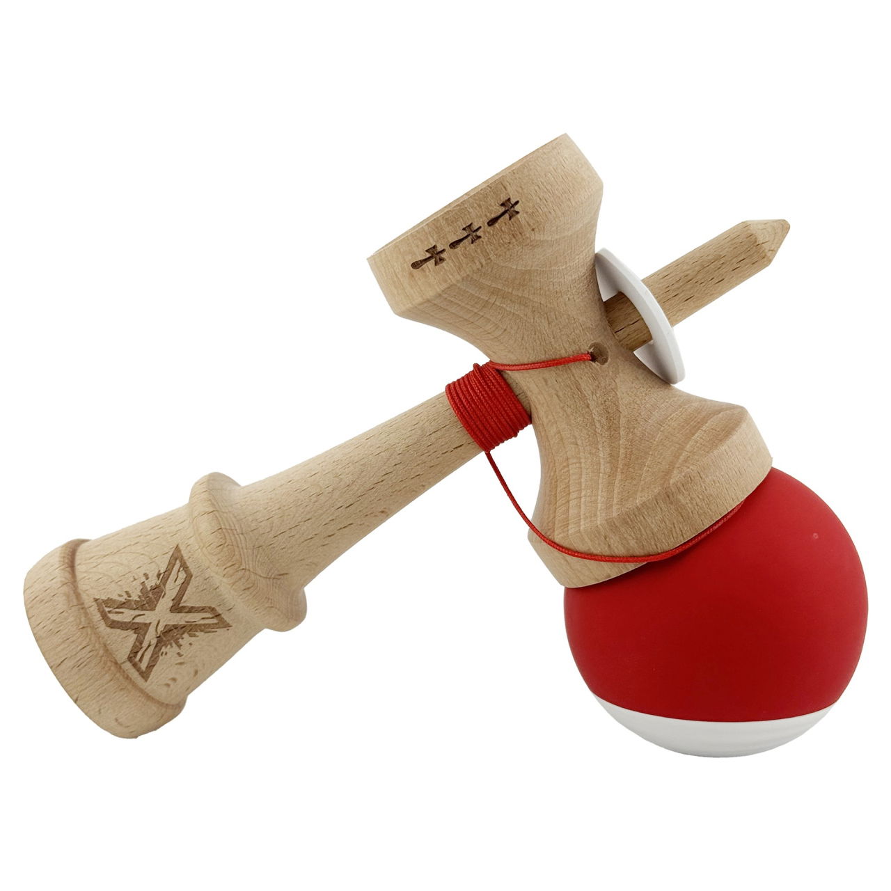 Kendama X Originala, Profesionala, Flippy, Rubber Grip, Cupe Mari KING SIZE V3, Gaura in Baza, Rulment Metalic, din lemn 18 cm, Ata 62/65 cm, Bicolor Rosu/Alb [5]