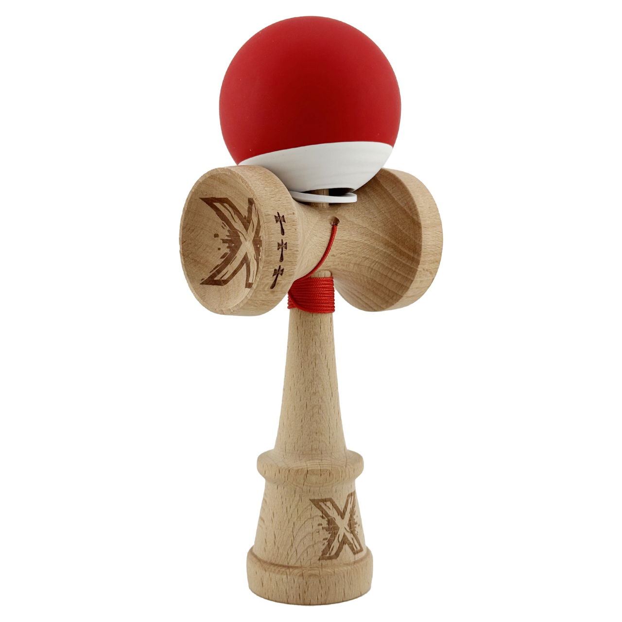Kendama X Originala, Profesionala, Flippy, Rubber Grip, Cupe Mari KING SIZE V3, Gaura in Baza, Rulment Metalic, din lemn 18 cm, Ata 62/65 cm, Bicolor Rosu/Alb [1]
