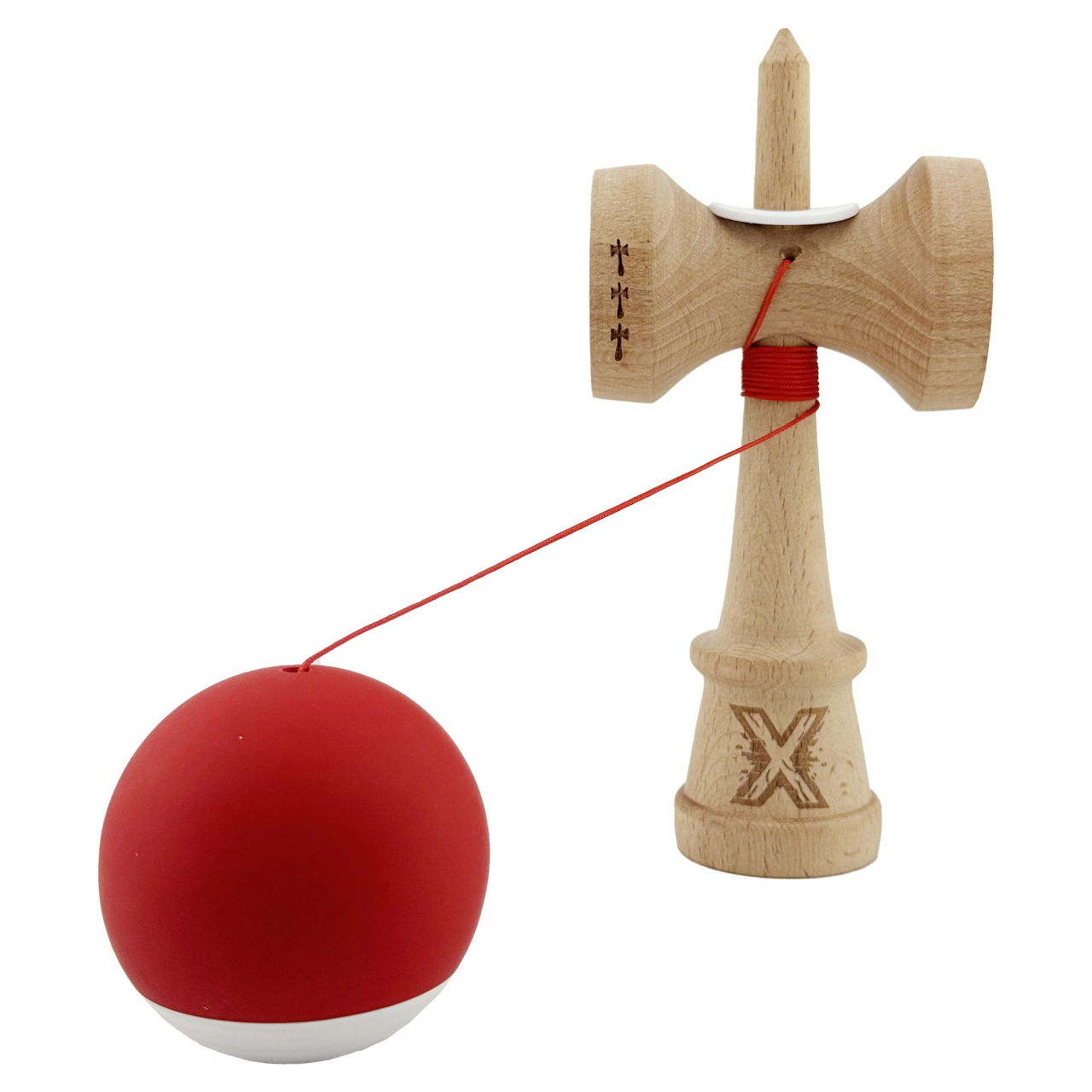 Kendama X Originala, Profesionala, Flippy, Rubber Grip, Cupe Mari KING SIZE V3, Gaura in Baza, Rulment Metalic, din lemn 18 cm, Ata 62/65 cm, Bicolor Rosu/Alb [4]