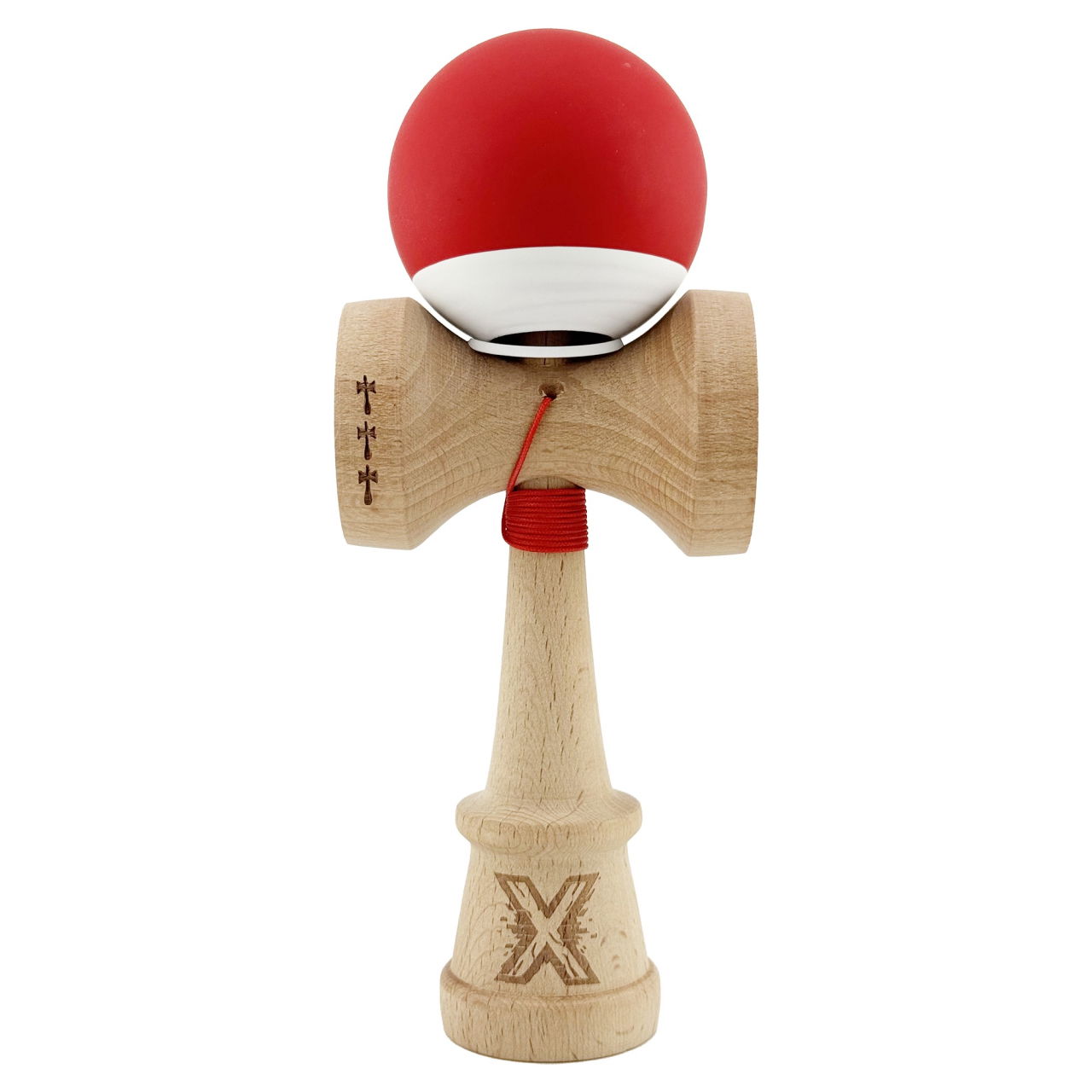 Kendama X Originala, Profesionala, Flippy, Rubber Grip, Cupe Mari KING SIZE V3, Gaura in Baza, Rulment Metalic, din lemn 18 cm, Ata 62/65 cm, Bicolor Rosu/Alb [2]