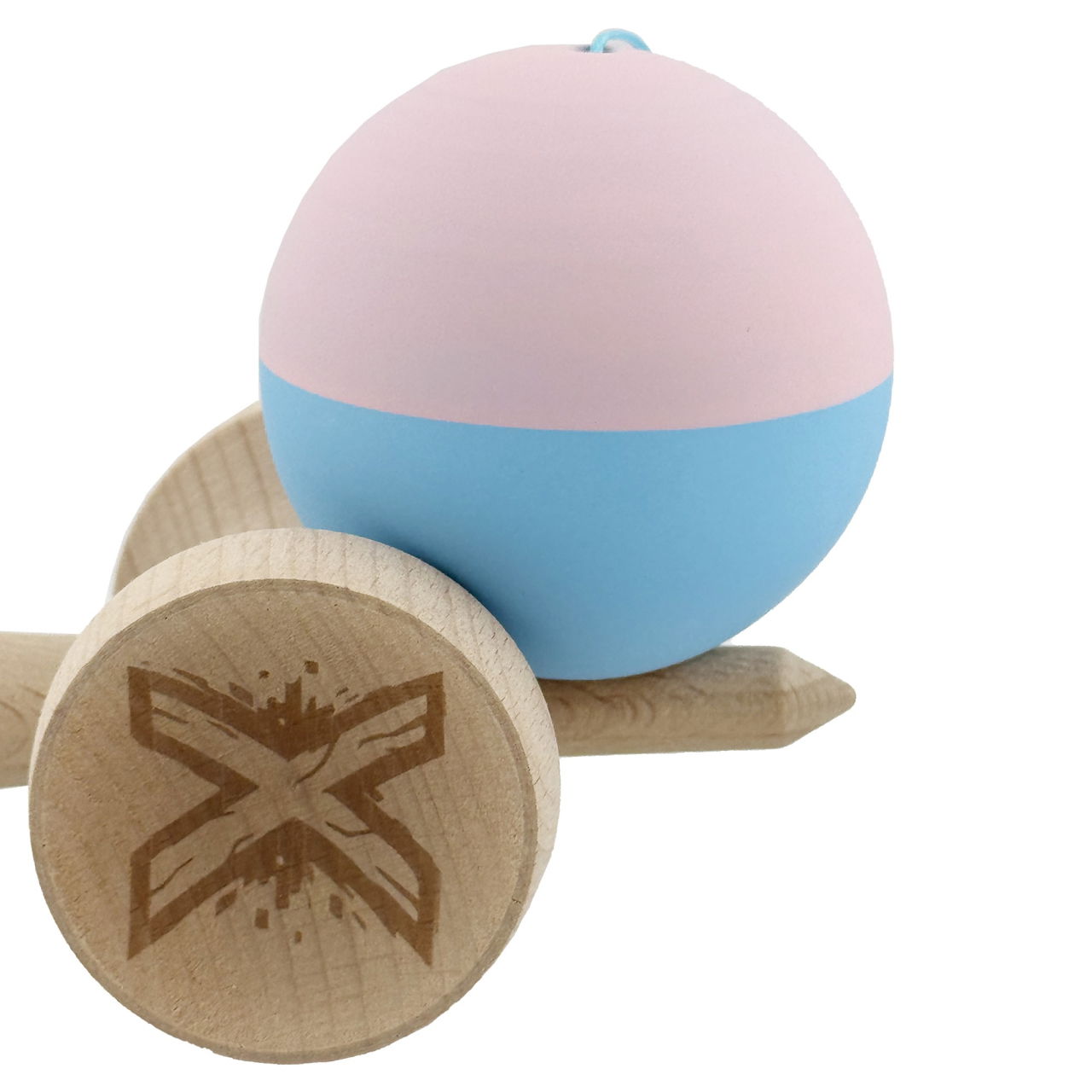 Kendama X Originala, Profesionala, Flippy, Rubber Grip, Cupe Mari KING SIZE V3, Gaura in Baza, Rulment Metalic, din lemn 18 cm, Ata 62/65 cm, Bicolor Roz/Bleu [9]