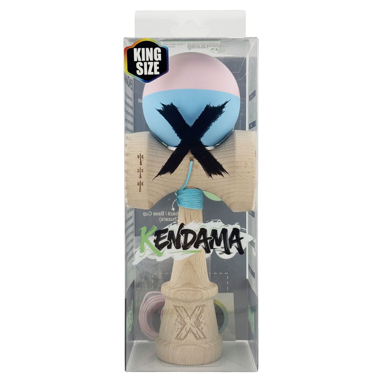 Kendama X Originala, Profesionala, Flippy, Rubber Grip, Cupe Mari KING SIZE V3, Gaura in Baza, Rulment Metalic, din lemn 18 cm, Ata 62/65 cm, Bicolor Roz/Bleu [6]