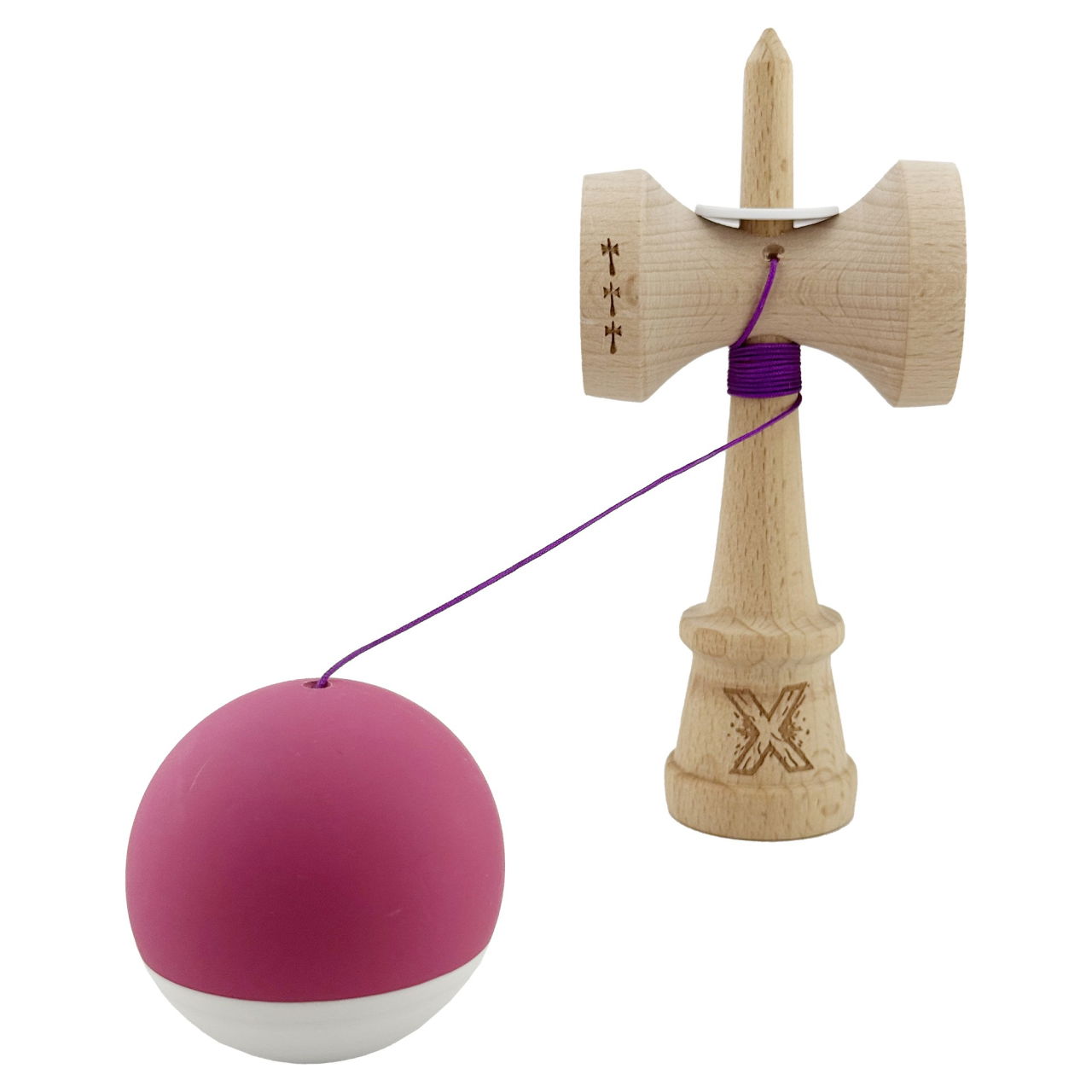 Kendama X Originala, Profesionala, Flippy, Rubber Grip, Cupe Mari KING SIZE V3, Gaura in Baza, Rulment Metalic, din lemn 18 cm, Ata 62/65 cm, Bicolor Roz inchis/Alb [4]