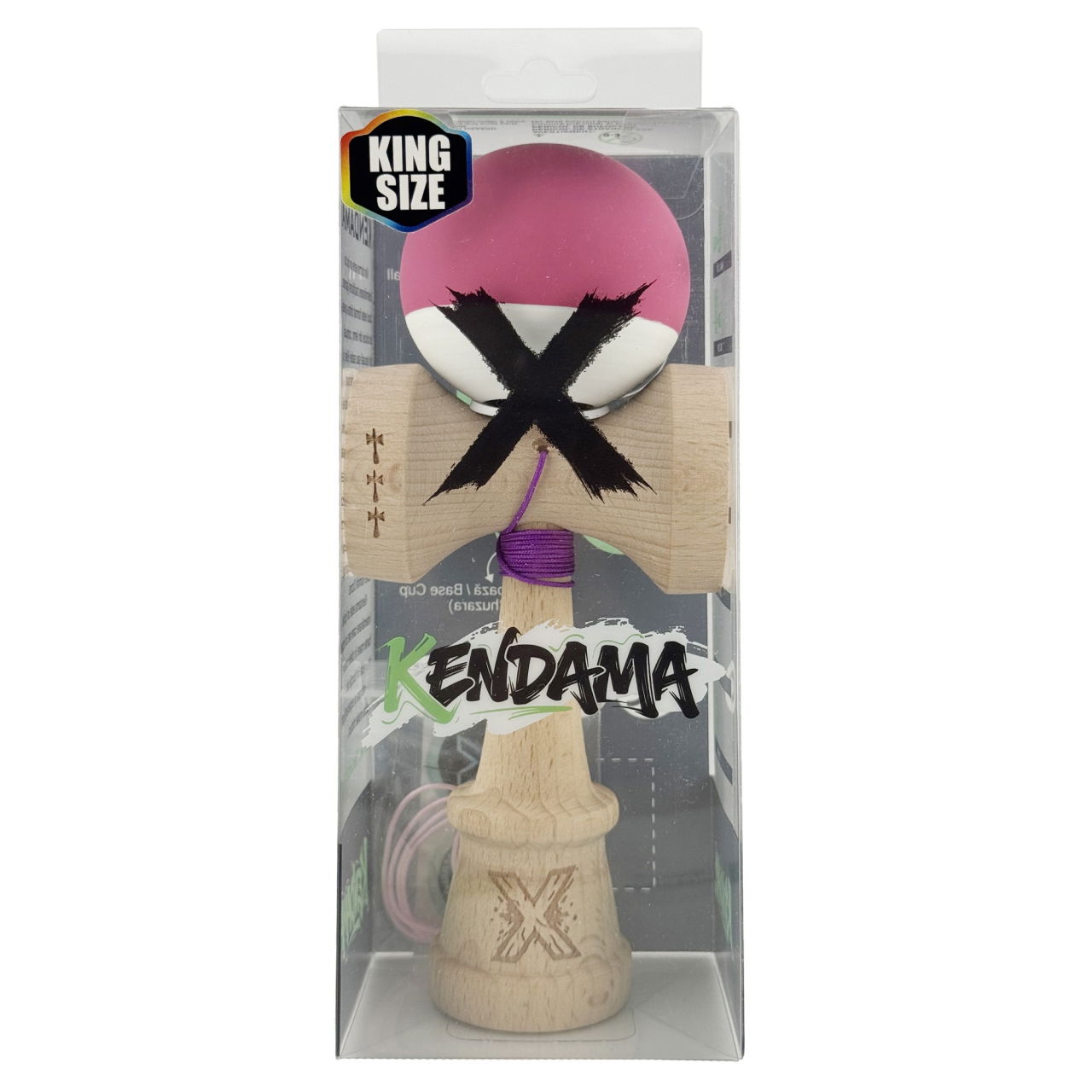 Kendama X Originala, Profesionala, Flippy, Rubber Grip, Cupe Mari KING SIZE V3, Gaura in Baza, Rulment Metalic, din lemn 18 cm, Ata 62/65 cm, Bicolor Roz inchis/Alb [6]