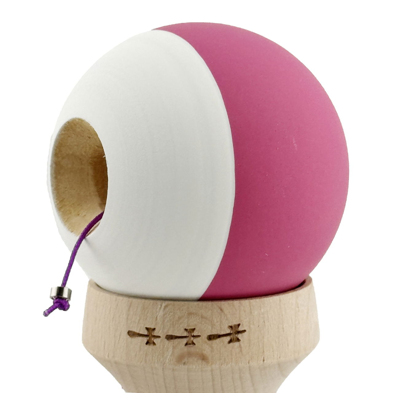 Kendama X Originala, Profesionala, Flippy, Rubber Grip, Cupe Mari KING SIZE V3, Gaura in Baza, Rulment Metalic, din lemn 18 cm, Ata 62/65 cm, Bicolor Roz inchis/Alb [7]