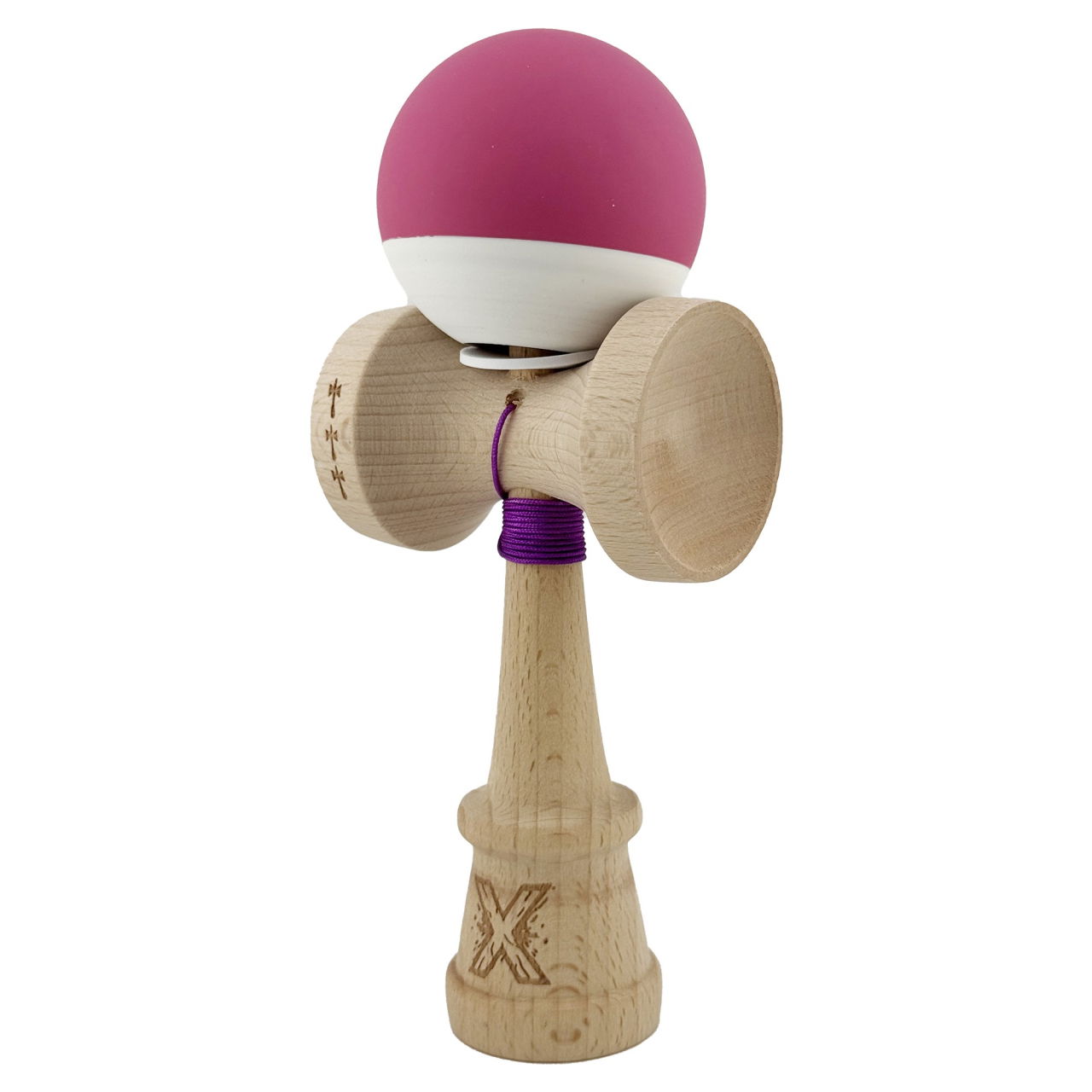 Kendama X Originala, Profesionala, Flippy, Rubber Grip, Cupe Mari KING SIZE V3, Gaura in Baza, Rulment Metalic, din lemn 18 cm, Ata 62/65 cm, Bicolor Roz inchis/Alb [3]