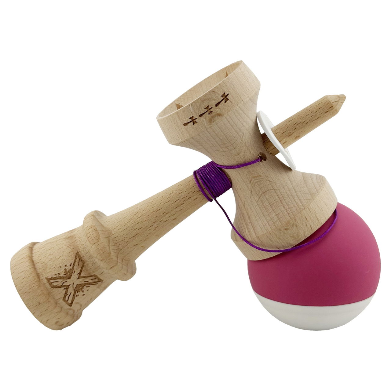 Kendama X Originala, Profesionala, Flippy, Rubber Grip, Cupe Mari KING SIZE V3, Gaura in Baza, Rulment Metalic, din lemn 18 cm, Ata 62/65 cm, Bicolor Roz inchis/Alb [5]