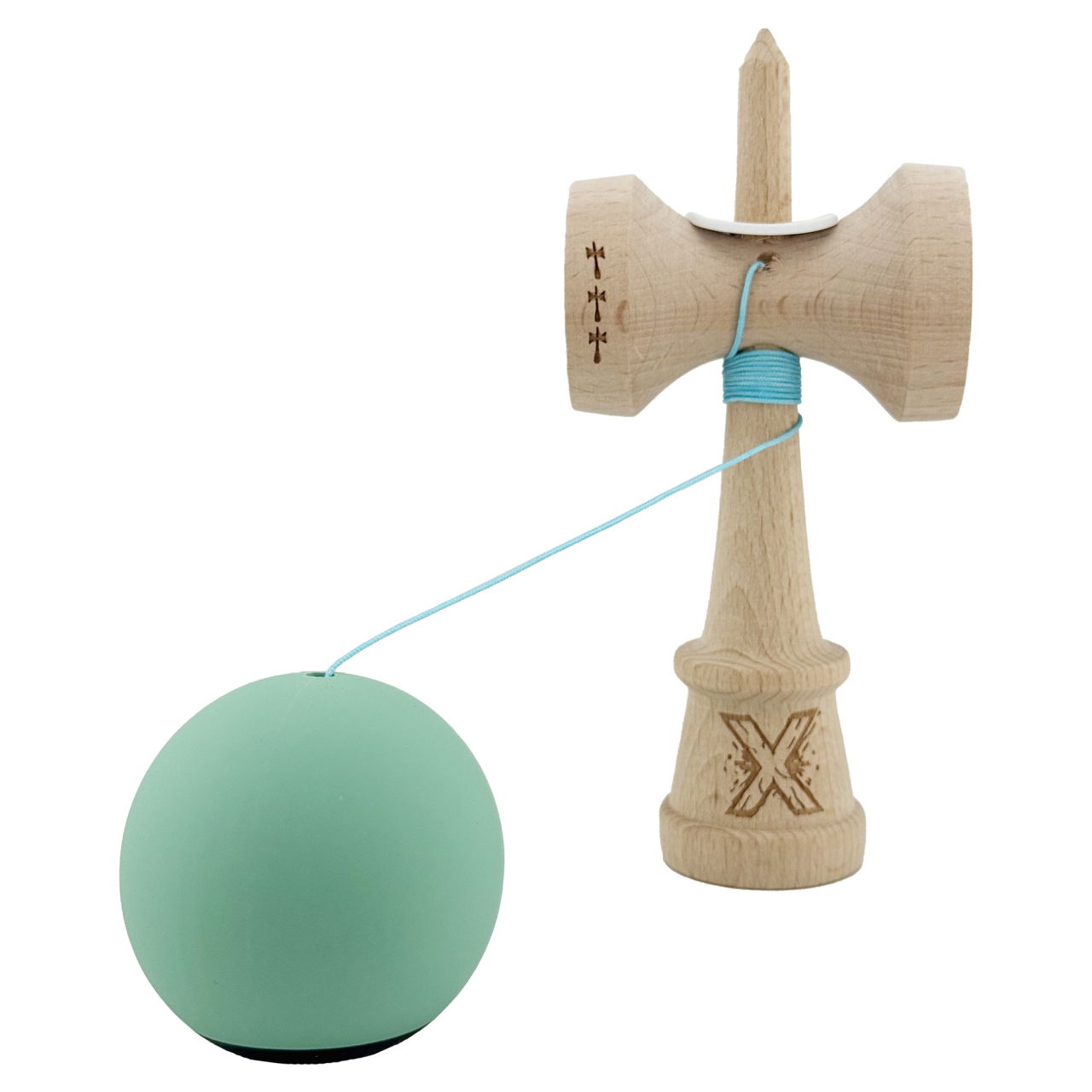 Kendama X Originala, Profesionala, Flippy, Rubber Grip, Cupe Mari KING SIZE V3, Gaura in Baza, Rulment Metalic, din lemn 18 cm, Ata 62/65 cm, Bicolor Turcoaz/Albastru inchis [4]