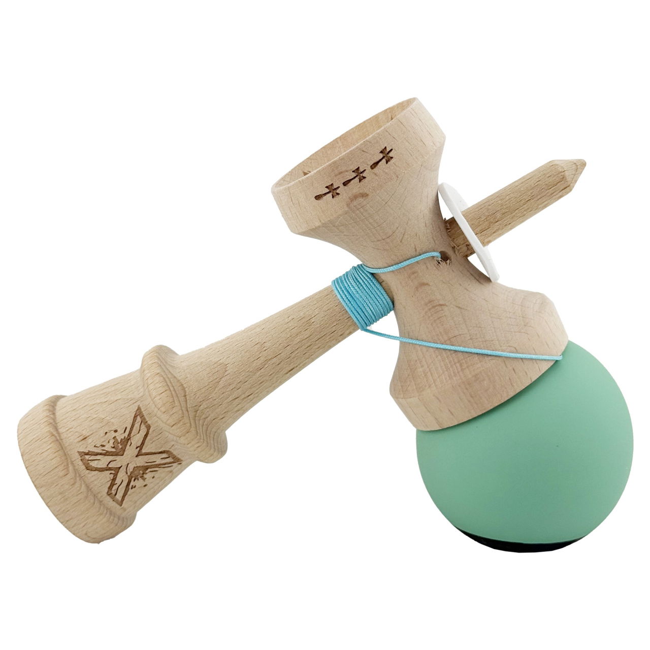Kendama X Originala, Profesionala, Flippy, Rubber Grip, Cupe Mari KING SIZE V3, Gaura in Baza, Rulment Metalic, din lemn 18 cm, Ata 62/65 cm, Bicolor Turcoaz/Albastru inchis [5]