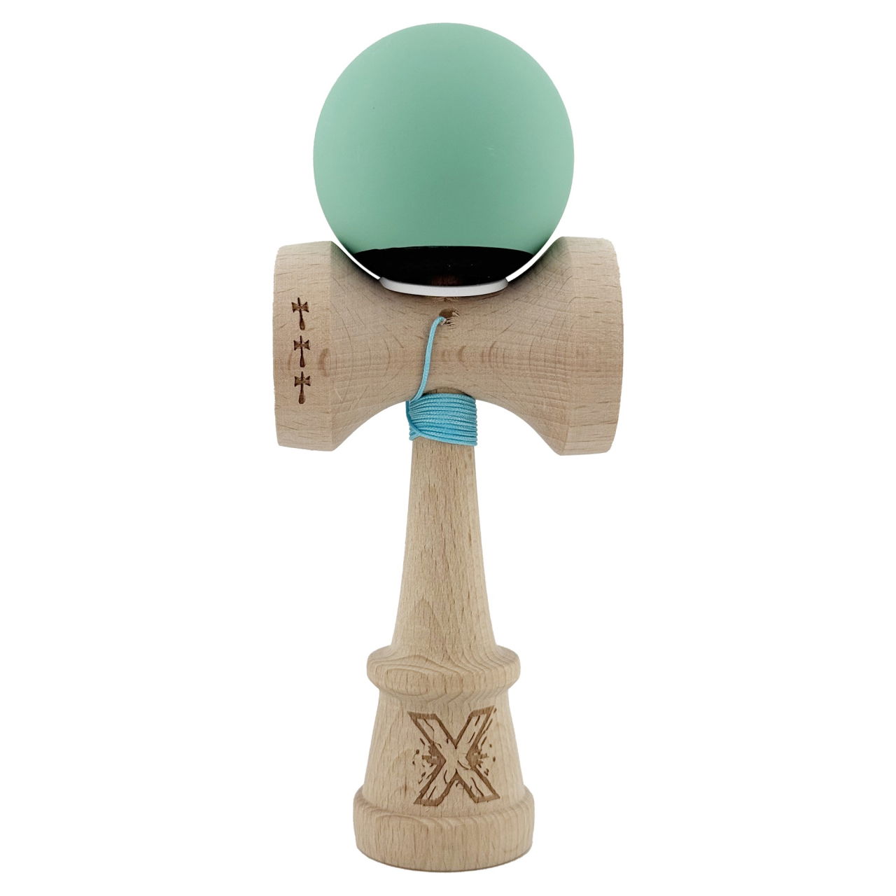 Kendama X Originala, Profesionala, Flippy, Rubber Grip, Cupe Mari KING SIZE V3, Gaura in Baza, Rulment Metalic, din lemn 18 cm, Ata 62/65 cm, Bicolor Turcoaz/Albastru inchis [2]
