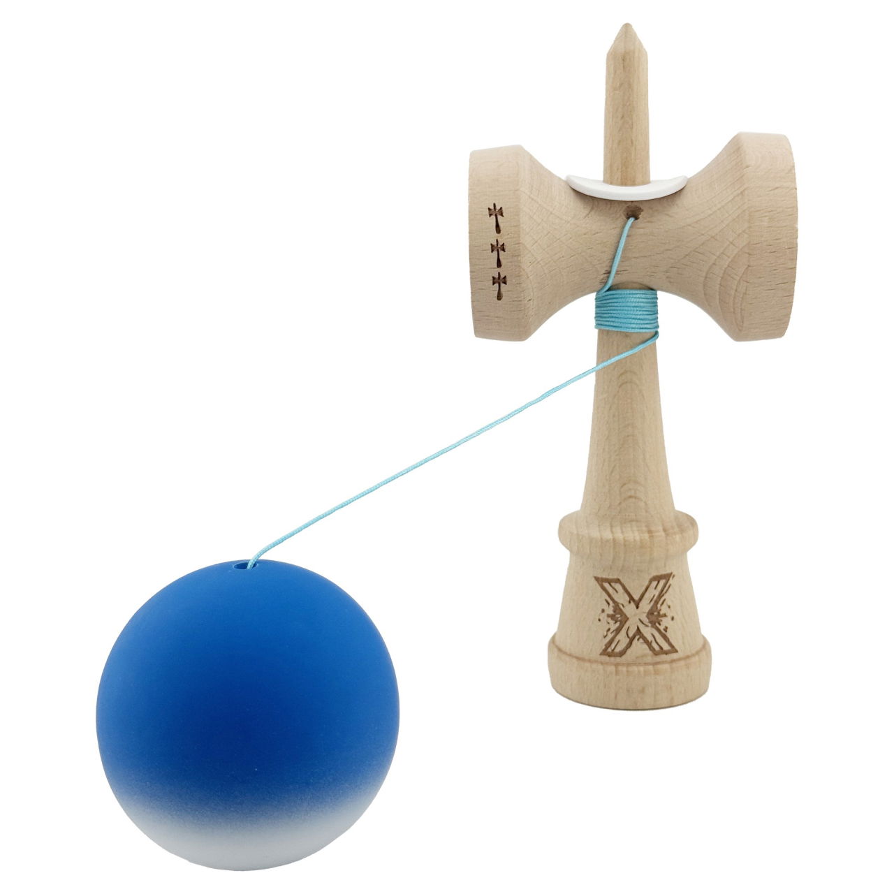 Kendama X Originala, Profesionala, Flippy, Rubber Grip, Cupe Mari KING SIZE V3, Gaura in Baza, Rulment Metalic, din lemn 18 cm, Ata 62/65 cm, Gradient Albastru/Alb [4]