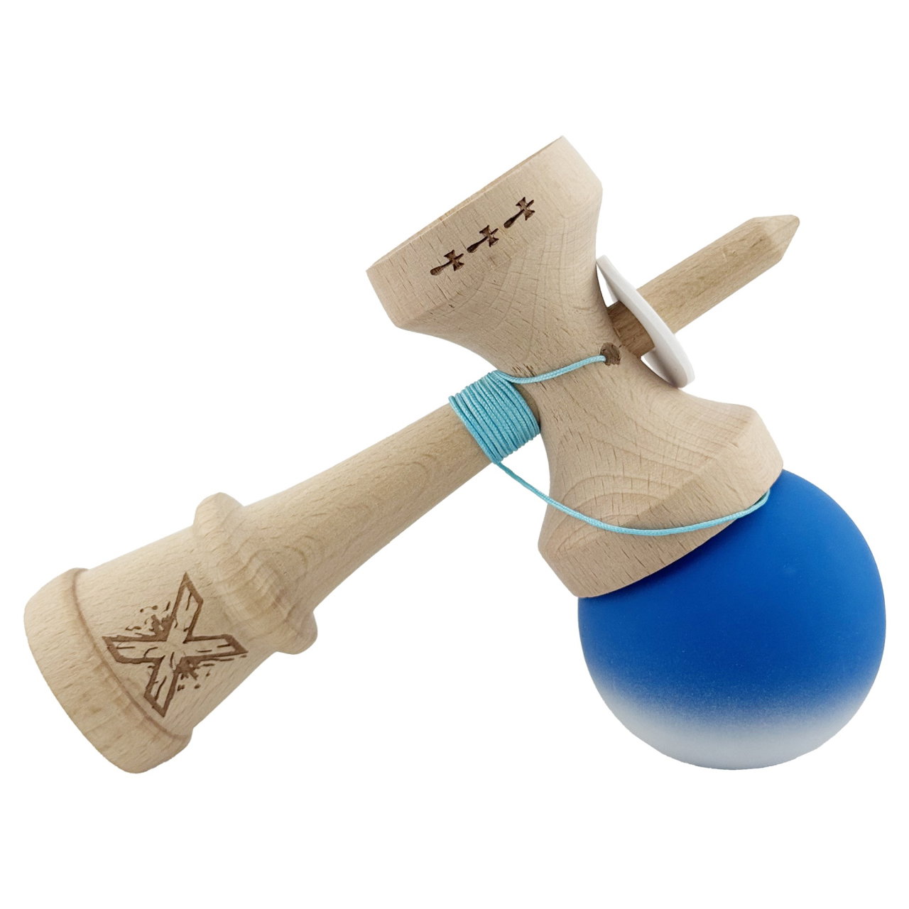 Kendama X Originala, Profesionala, Flippy, Rubber Grip, Cupe Mari KING SIZE V3, Gaura in Baza, Rulment Metalic, din lemn 18 cm, Ata 62/65 cm, Gradient Albastru/Alb [5]