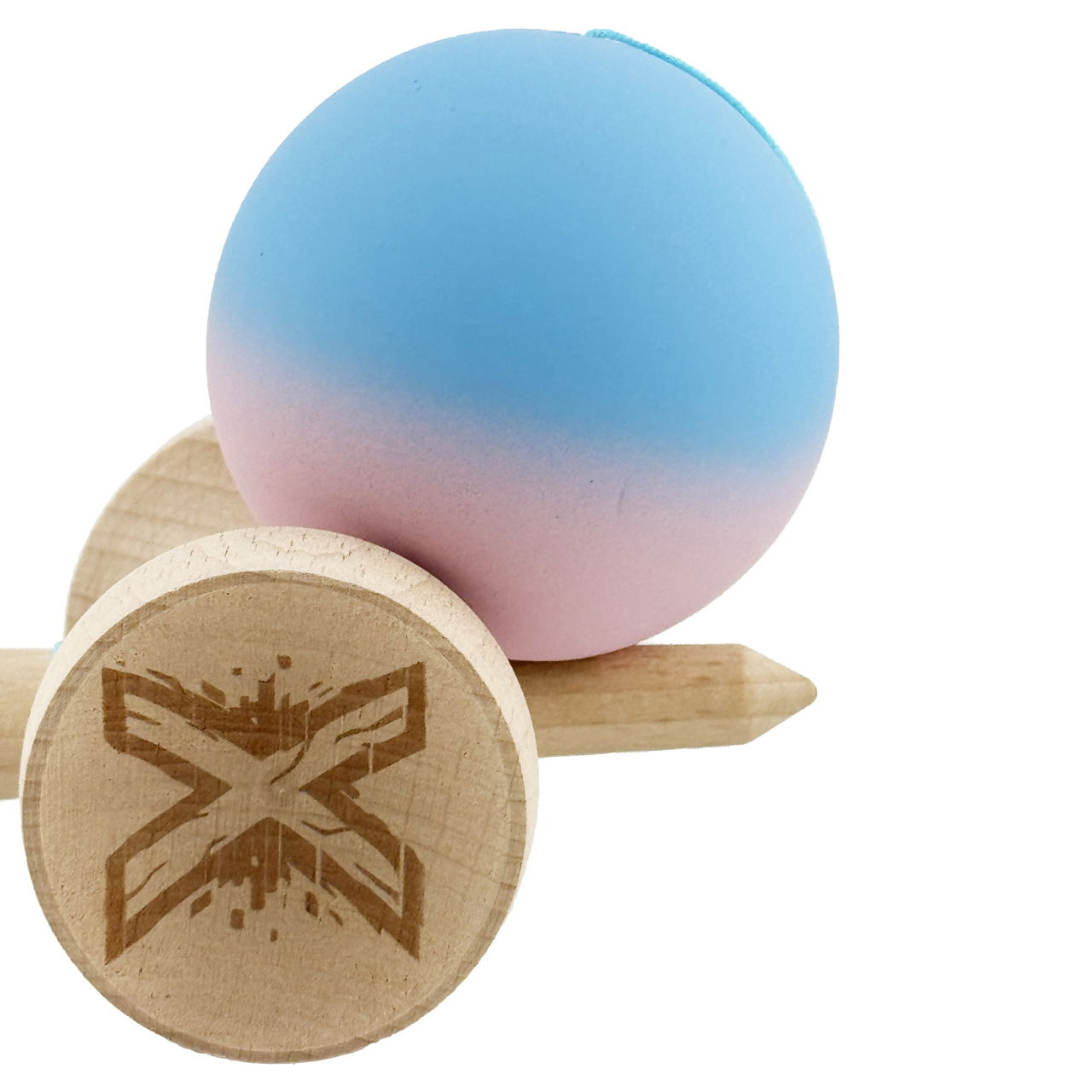 Kendama X Originala, Profesionala, Flippy, Rubber Grip, Cupe Mari KING SIZE V3, Gaura in Baza, Rulment Metalic, din lemn 18 cm, Ata 62/65 cm, Gradient Albastru/Roz [9]