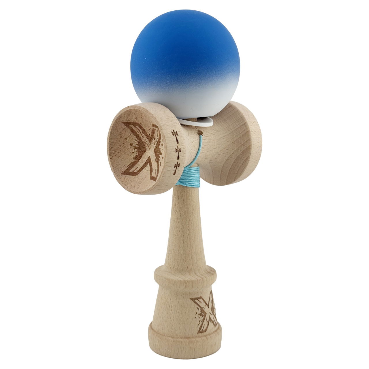 Kendama X Originala, Profesionala, Flippy, Rubber Grip, Cupe Mari KING SIZE V3, Gaura in Baza, Rulment Metalic, din lemn 18 cm, Ata 62/65 cm, Gradient Albastru/Alb [1]
