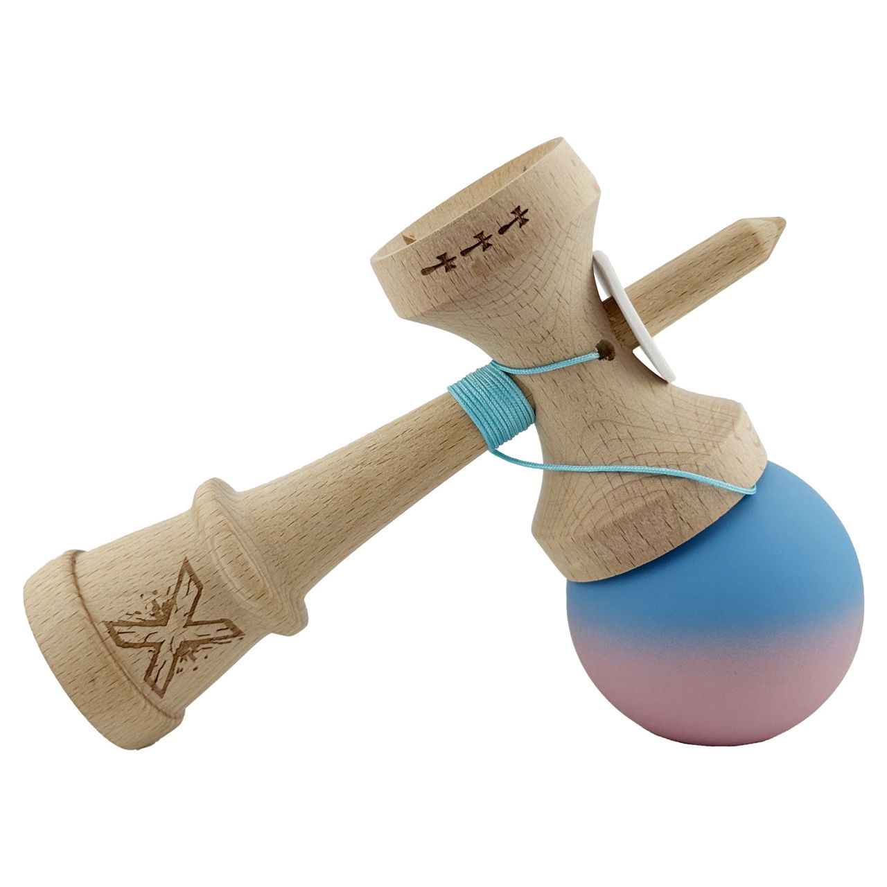 Kendama X Originala, Profesionala, Flippy, Rubber Grip, Cupe Mari KING SIZE V3, Gaura in Baza, Rulment Metalic, din lemn 18 cm, Ata 62/65 cm, Gradient Albastru/Roz [5]