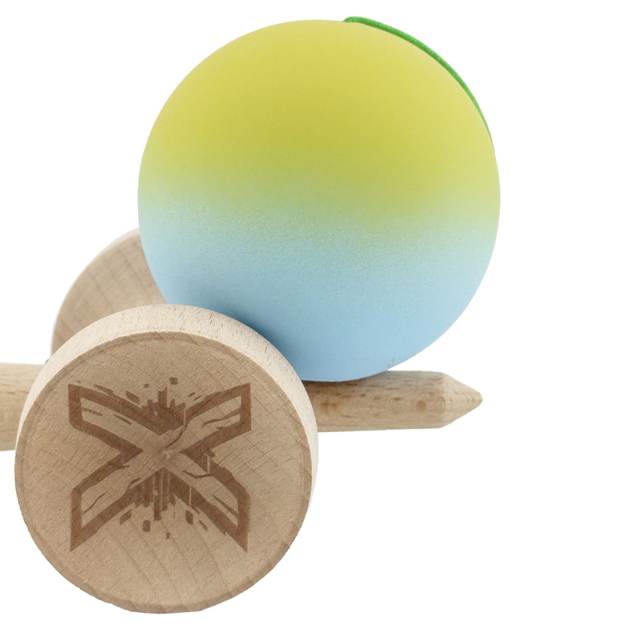 Kendama X Originala, Profesionala, Flippy, Rubber Grip, Cupe Mari KING SIZE V3, Gaura in Baza, Rulment Metalic, din lemn 18 cm, Ata 62/65 cm, Gradient Galben/Albastru deschis [9]