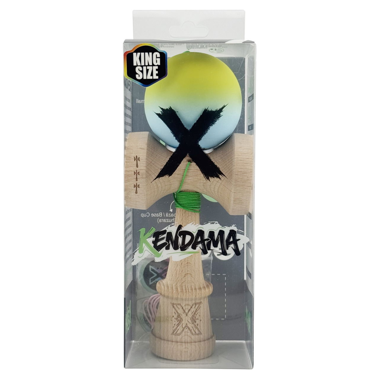 Kendama X Originala, Profesionala, Flippy, Rubber Grip, Cupe Mari KING SIZE V3, Gaura in Baza, Rulment Metalic, din lemn 18 cm, Ata 62/65 cm, Gradient Galben/Albastru [6]