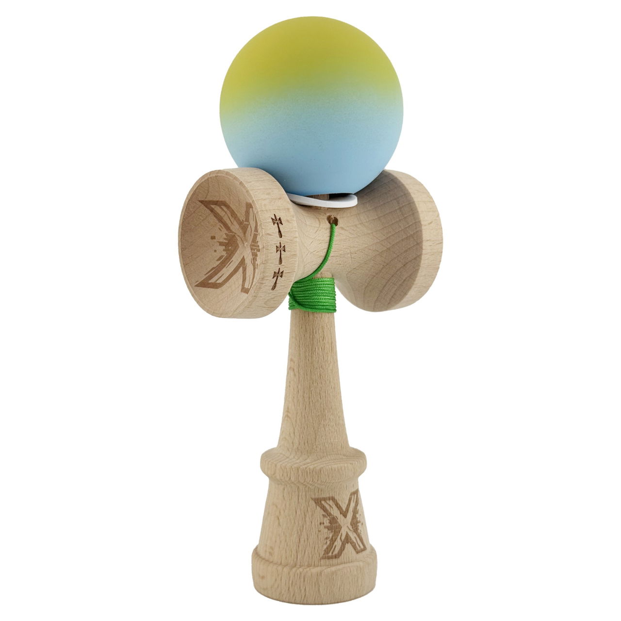 Kendama X Originala, Profesionala, Flippy, Rubber Grip, Cupe Mari KING SIZE V3, Gaura in Baza, Rulment Metalic, din lemn 18 cm, Ata 62/65 cm, Gradient Galben/Albastru deschis [1]