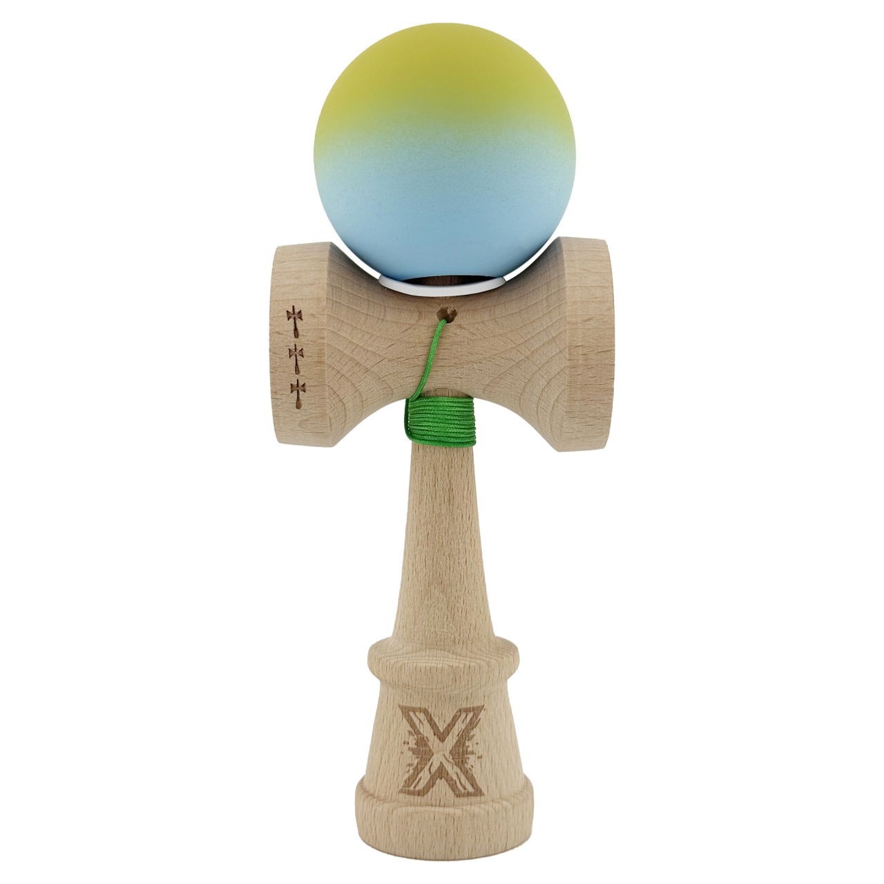 Kendama X Originala, Profesionala, Flippy, Rubber Grip, Cupe Mari KING SIZE V3, Gaura in Baza, Rulment Metalic, din lemn 18 cm, Ata 62/65 cm, Gradient Galben/Albastru deschis [2]