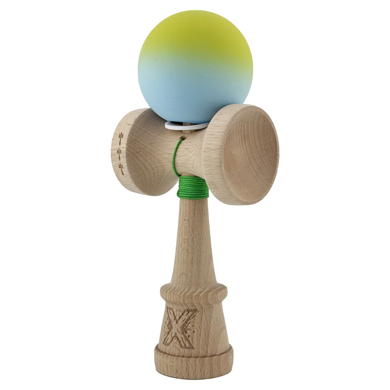 Kendama X Originala, Profesionala, Flippy, Rubber Grip, Cupe Mari KING SIZE V3, Gaura in Baza, Rulment Metalic, din lemn 18 cm, Ata 62/65 cm, Gradient Galben/Albastru [3]