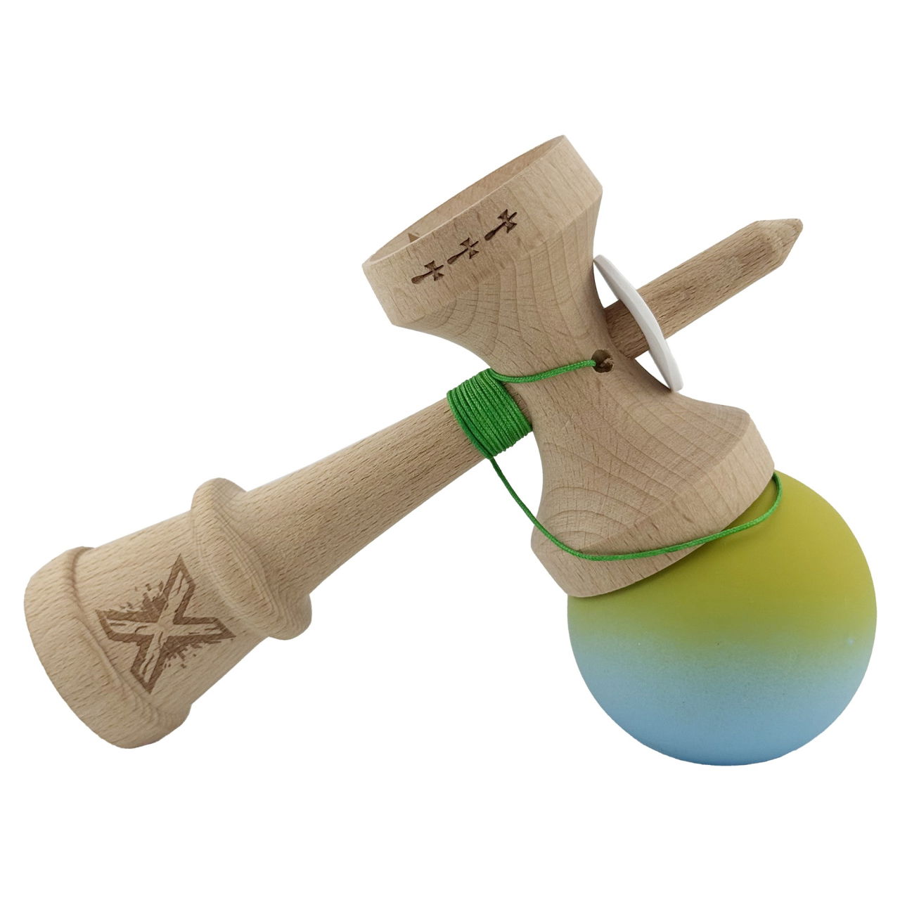 Kendama X Originala, Profesionala, Flippy, Rubber Grip, Cupe Mari KING SIZE V3, Gaura in Baza, Rulment Metalic, din lemn 18 cm, Ata 62/65 cm, Gradient Galben/Albastru deschis [5]