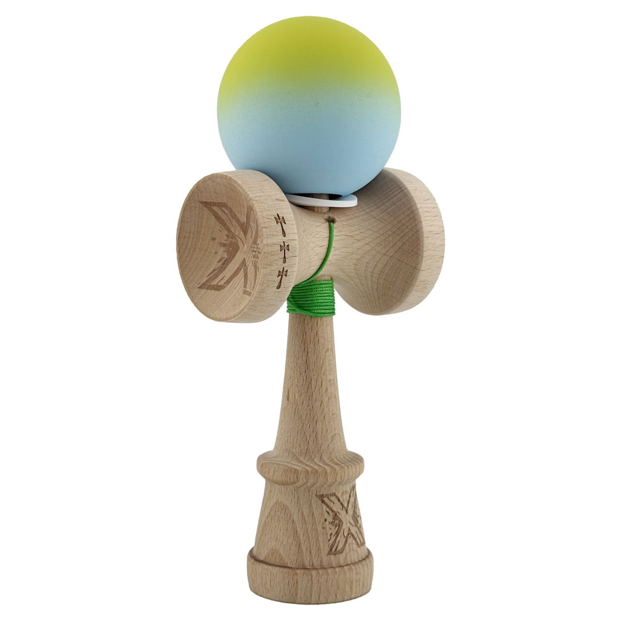Kendama X Originala, Profesionala, Flippy, Rubber Grip, Cupe Mari KING SIZE V3, Gaura in Baza, Rulment Metalic, din lemn 18 cm, Ata 62/65 cm, Gradient Galben/Albastru [1]